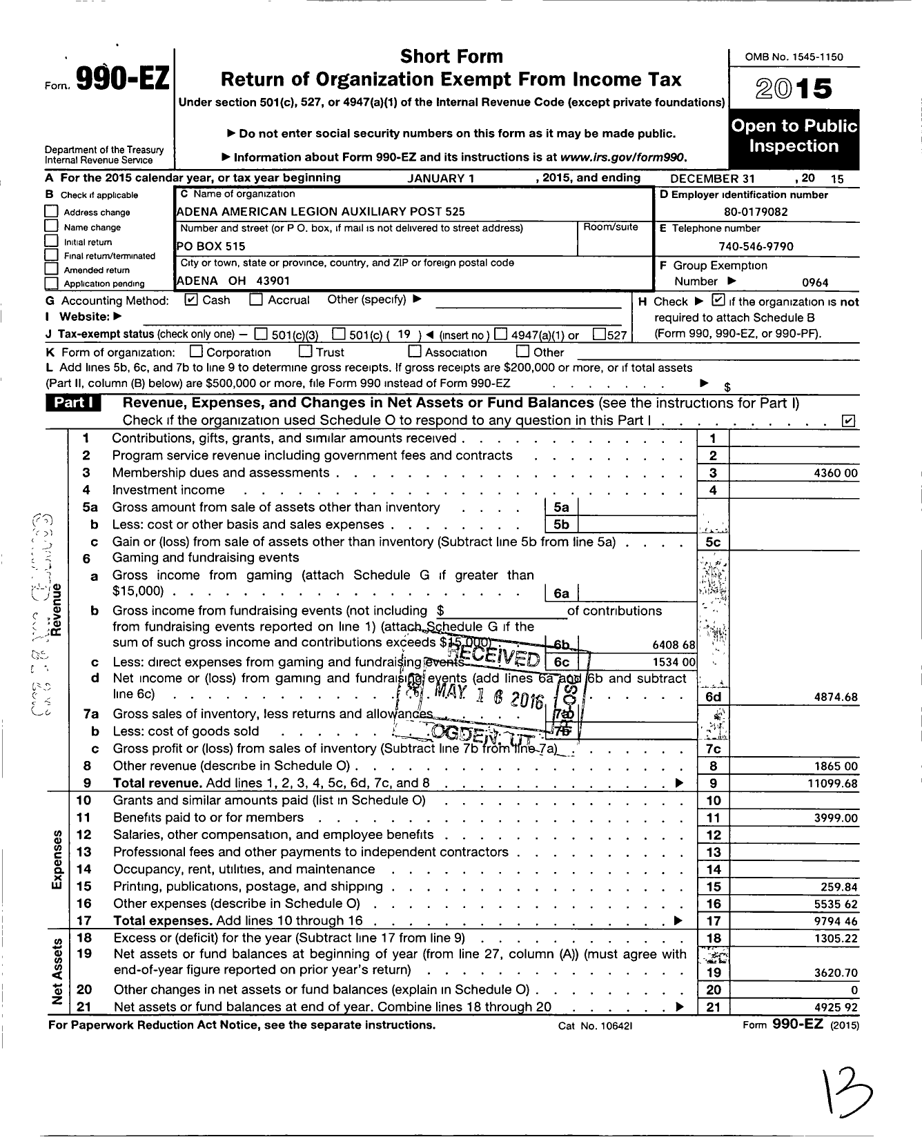 Image of first page of 2015 Form 990EO for American Legion Auxiliary Unit of G Ilbert Koontz Post 525 Department