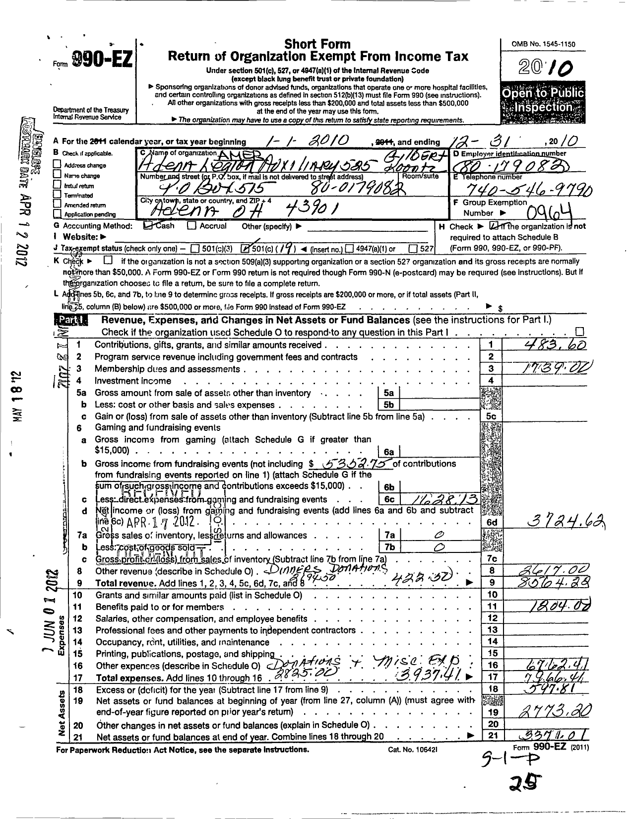 Image of first page of 2010 Form 990EO for American Legion Auxiliary Unit of G Ilbert Koontz Post 525 Department