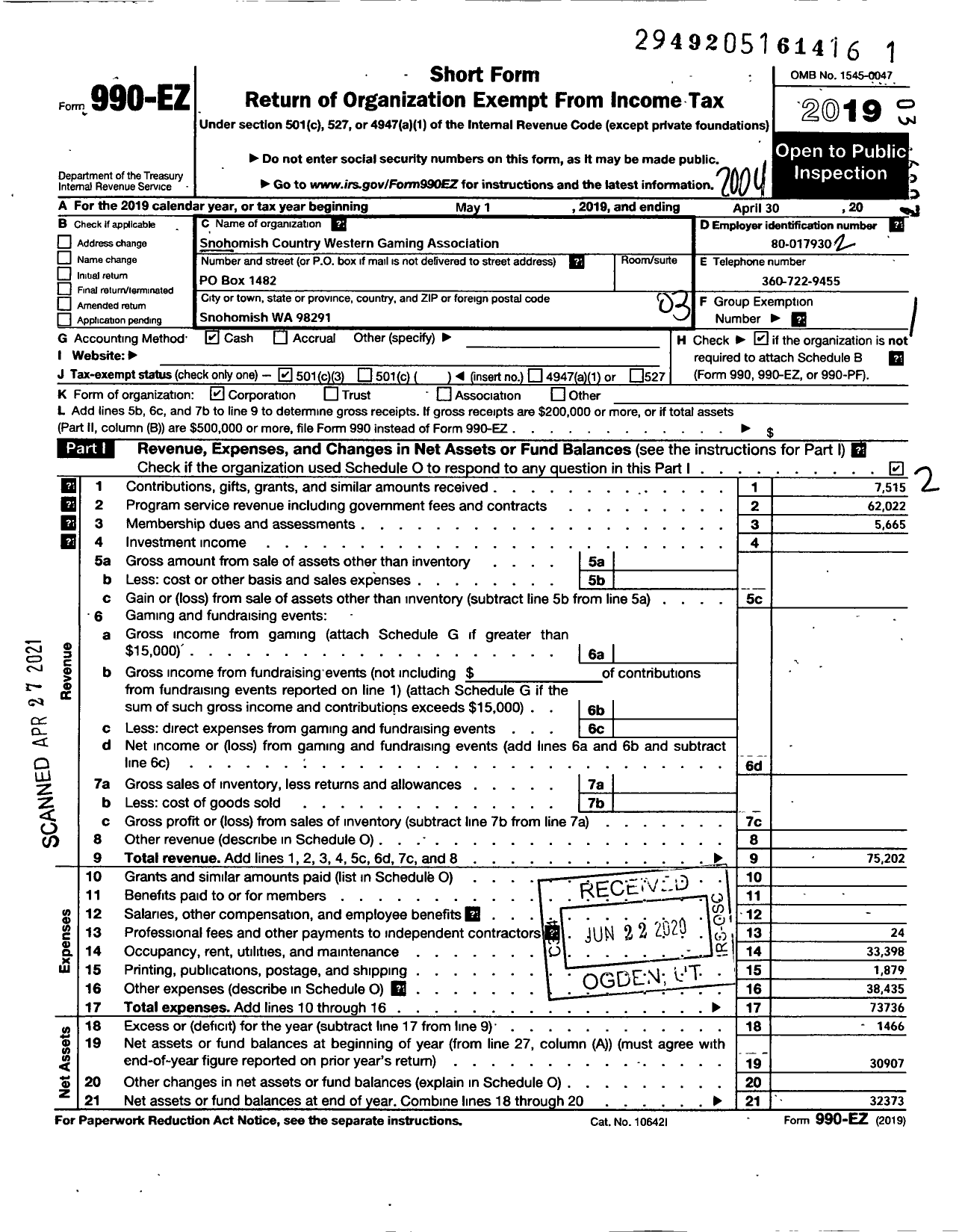 Image of first page of 2019 Form 990EZ for Snohomish County Western Games Association (SCWGA)