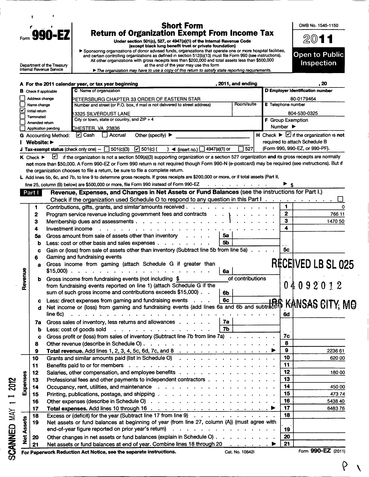 Image of first page of 2011 Form 990EO for Grand Order of the Eastern Star of Virginia Pha / Petersburg Chapter