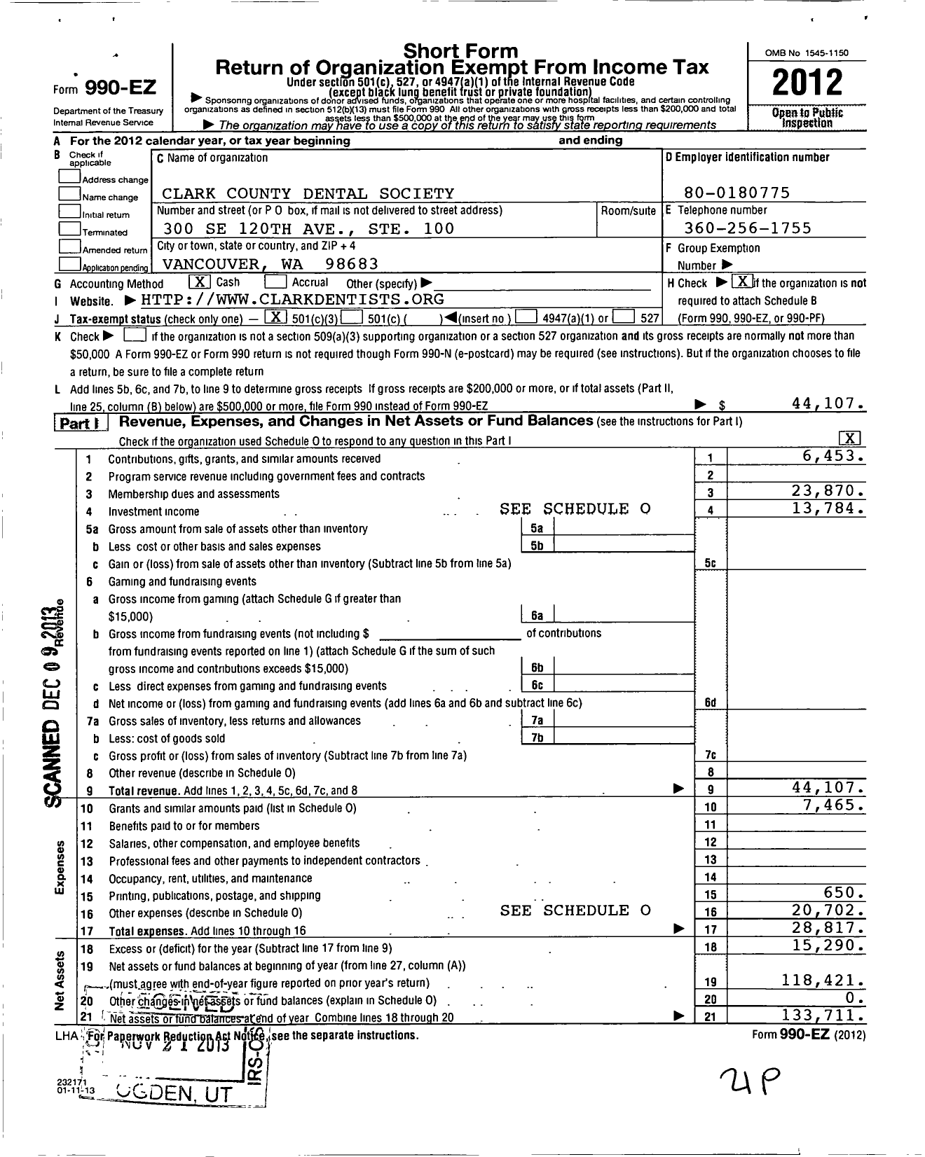 Image of first page of 2012 Form 990EZ for Clark County Dental Society