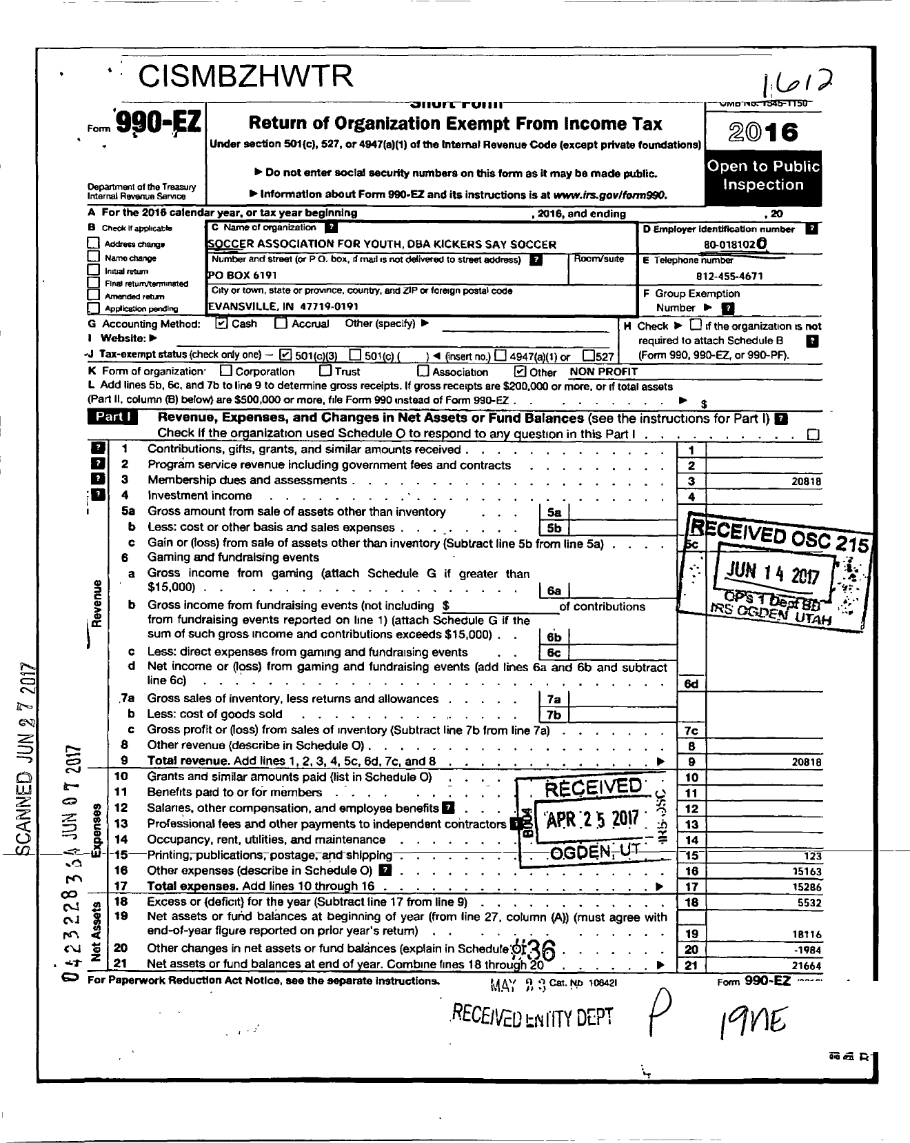 Image of first page of 2016 Form 990EZ for Soccer Association for Youth / Kickers Say Soccer Inc