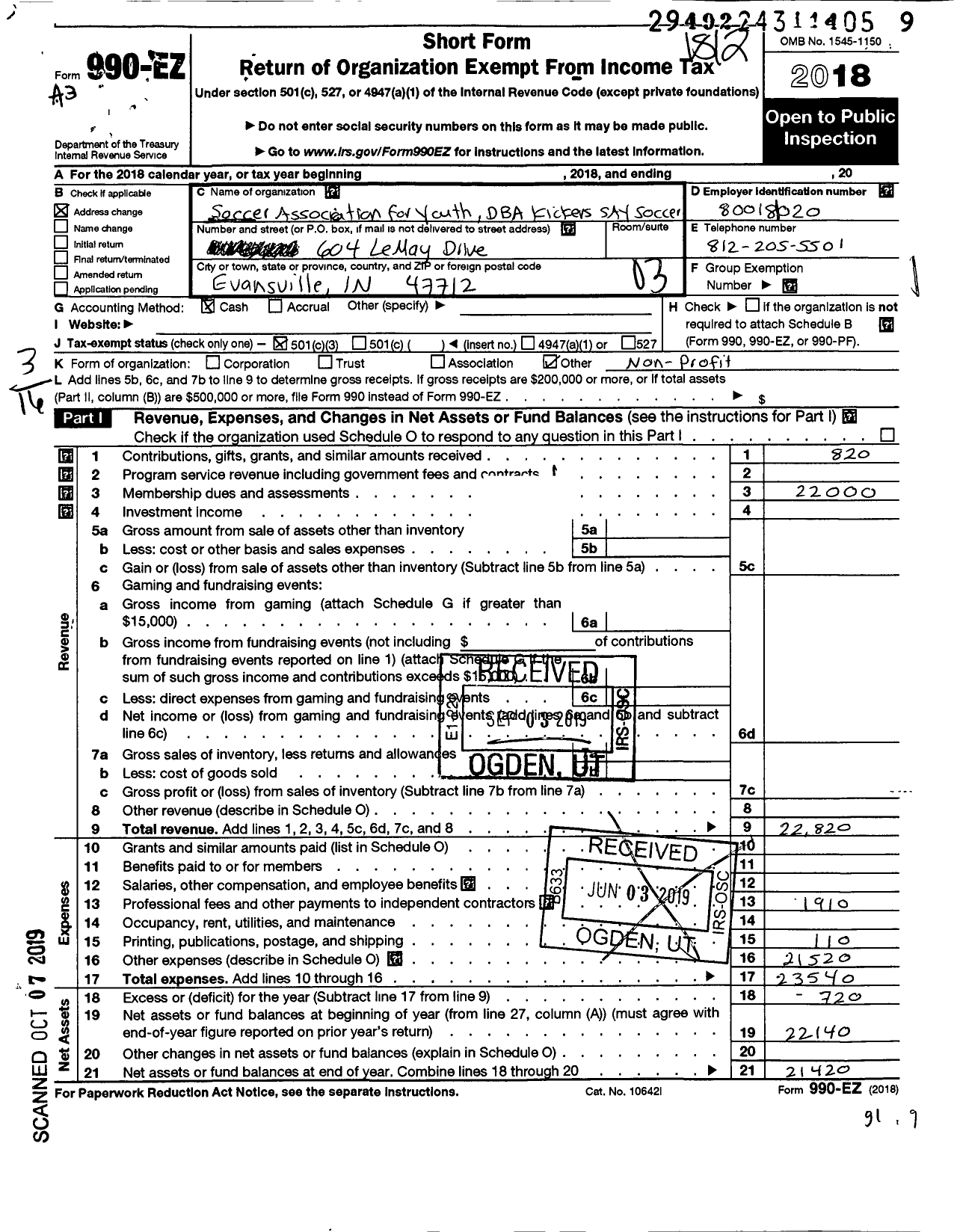 Image of first page of 2018 Form 990EZ for Soccer Association for Youth / Kickers Say Soccer Inc