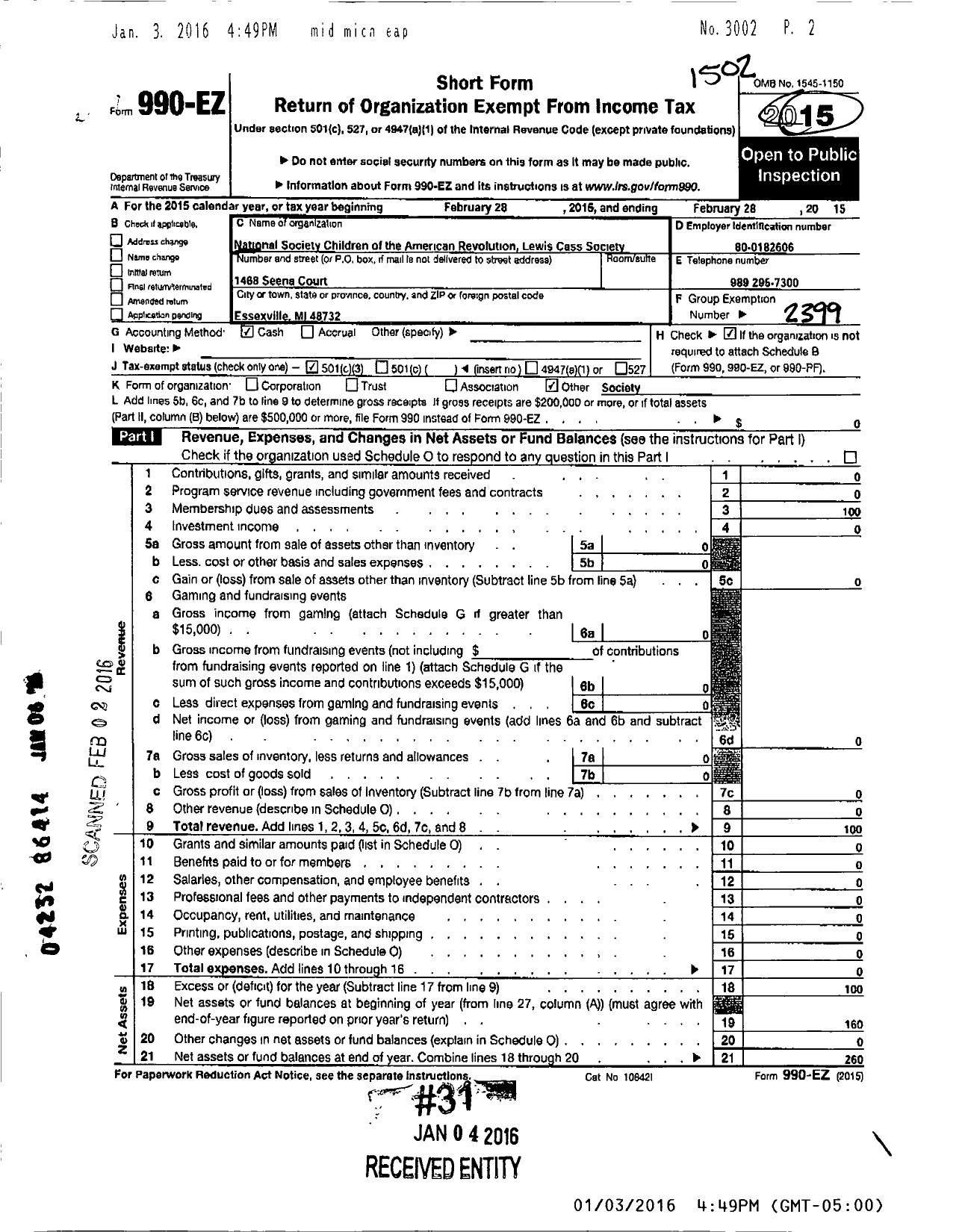 Image of first page of 2014 Form 990EZ for National Society of the Children of the American Revolution / Lewis Cass