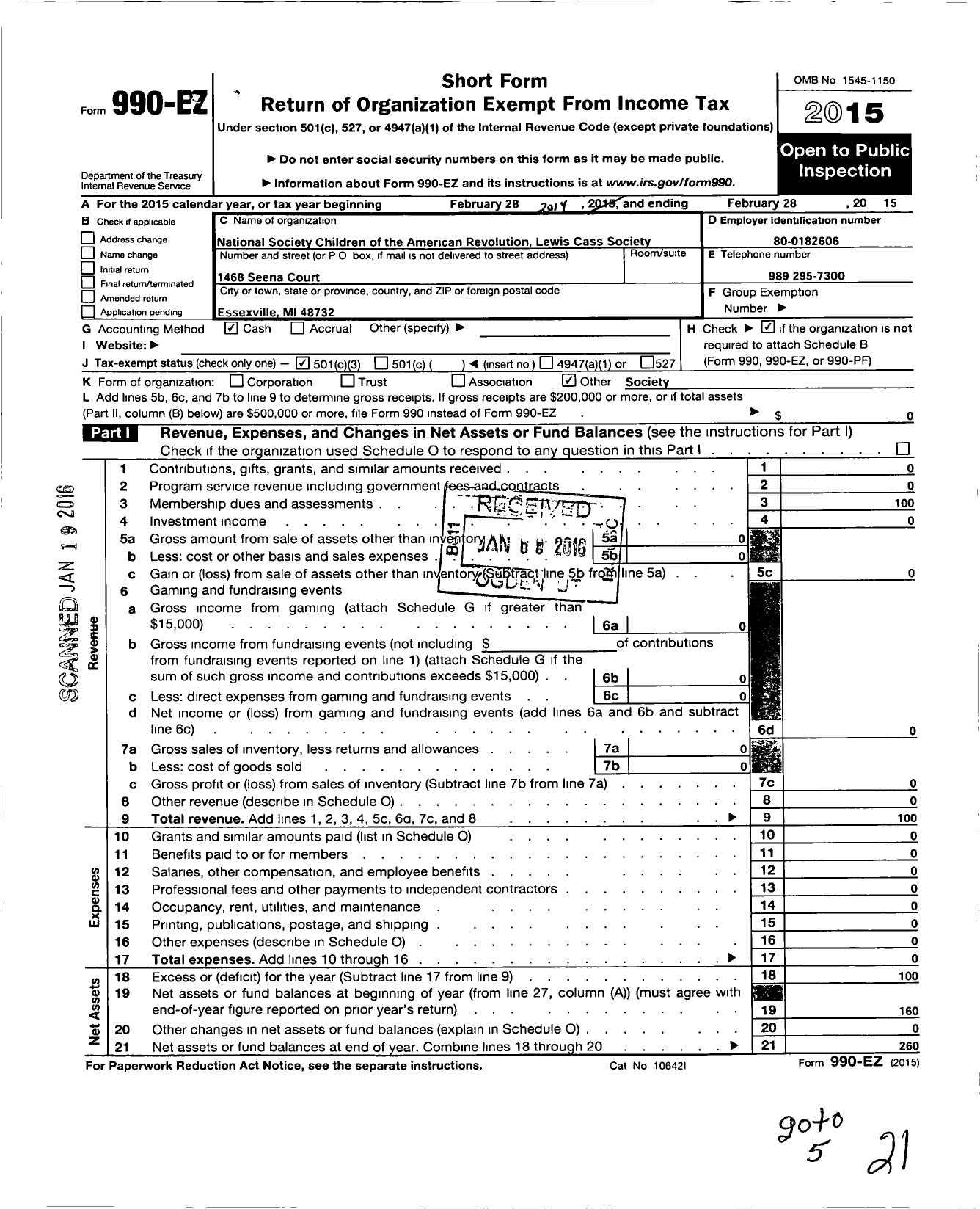 Image of first page of 2014 Form 990EZ for National Society of the Children of the American Revolution / Lewis Cass