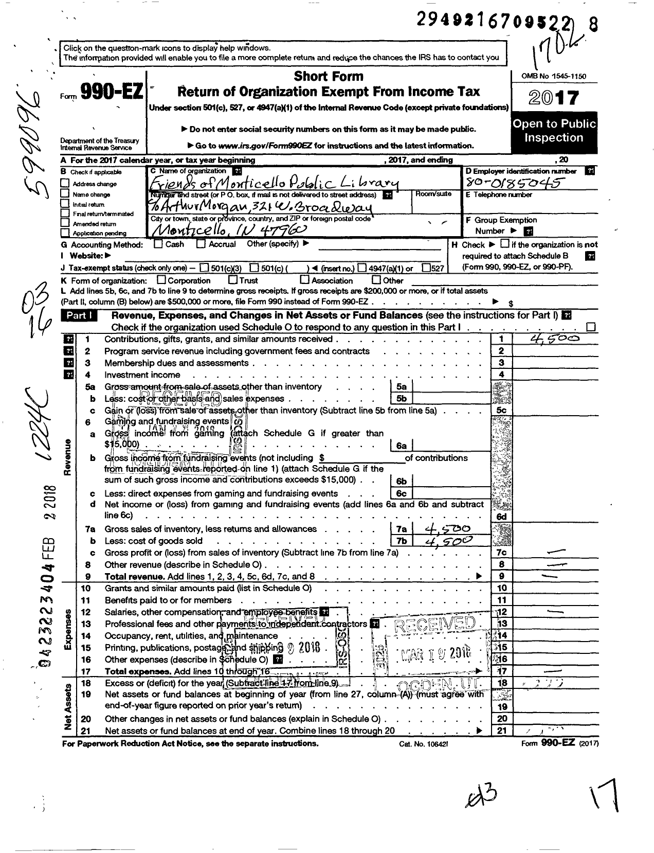 Image of first page of 2017 Form 990EZ for Friends of the Monticello-Union Township Public Library