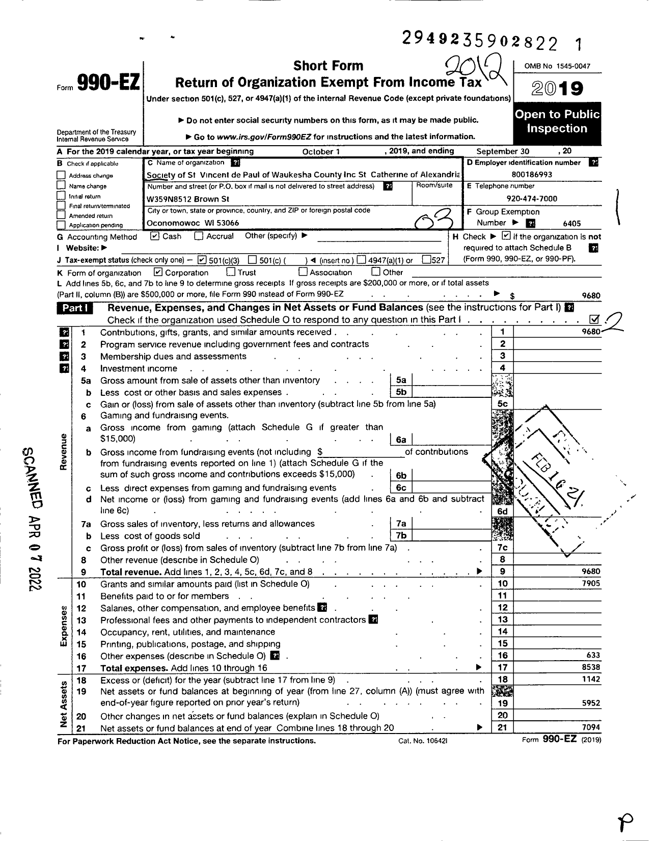 Image of first page of 2020 Form 990EZ for Society of St Vincent de Paul of Waukesha County / St Catherine