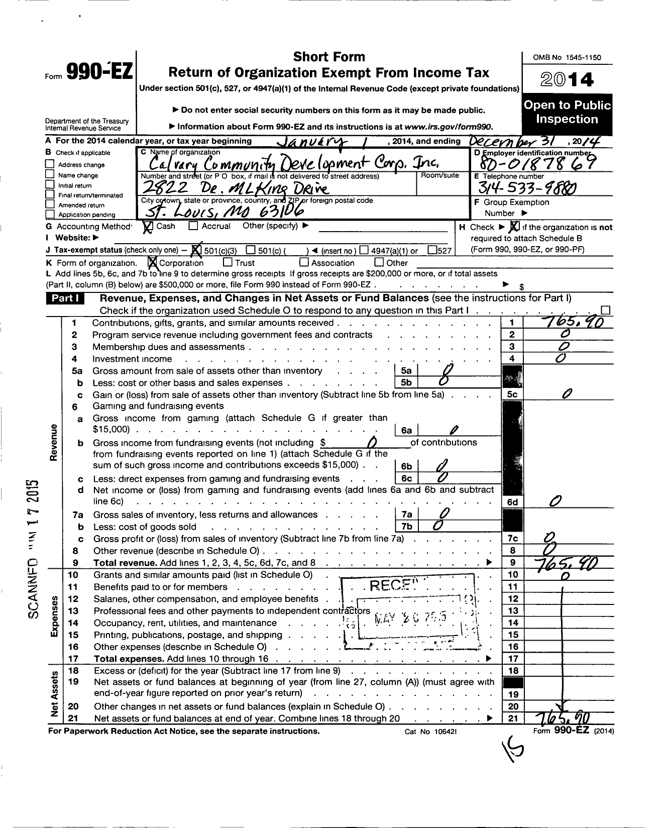 Image of first page of 2014 Form 990EZ for Calvary Community Development Corporation