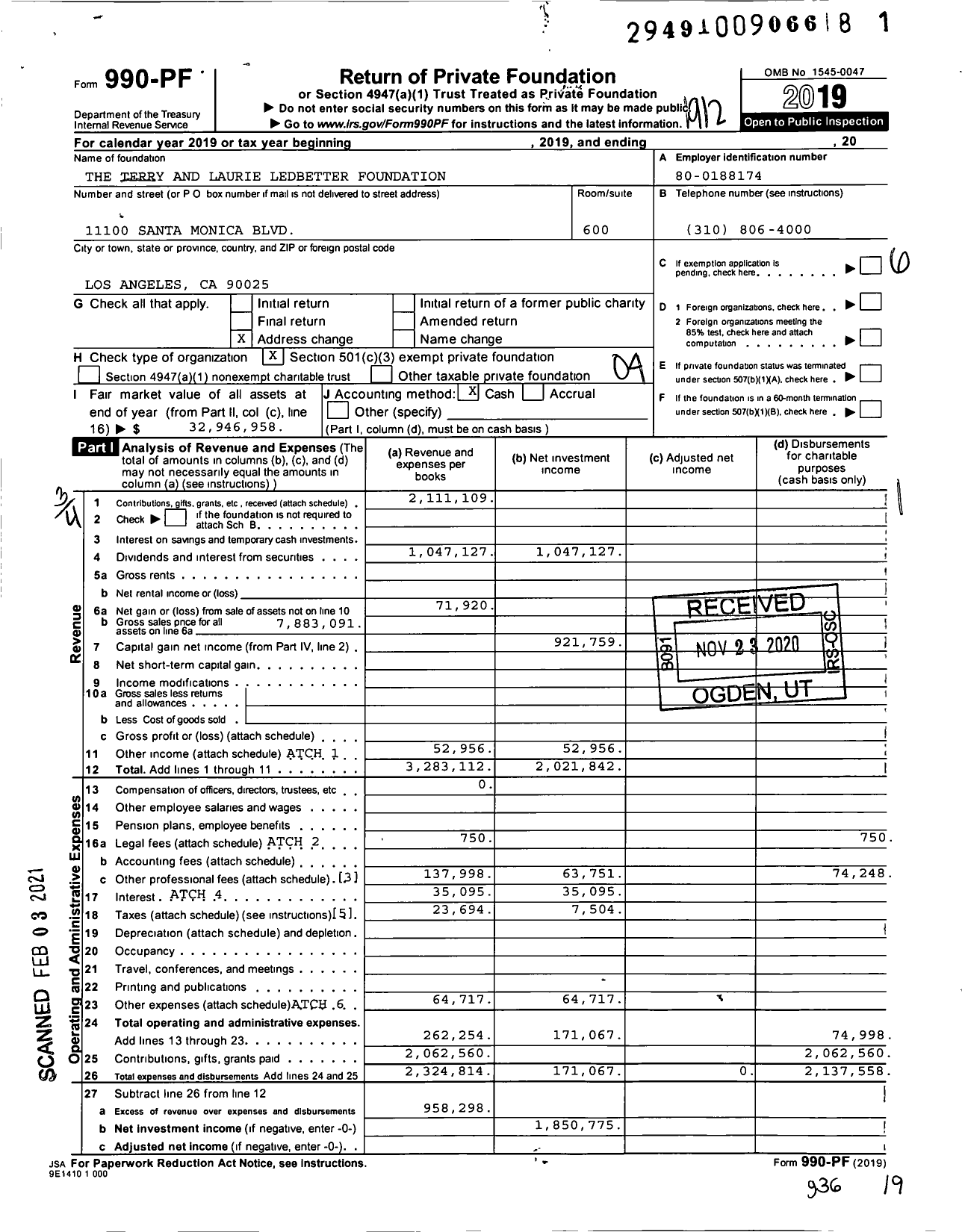 Image of first page of 2019 Form 990PF for The Terry & Laurie Ledbetter Foundation