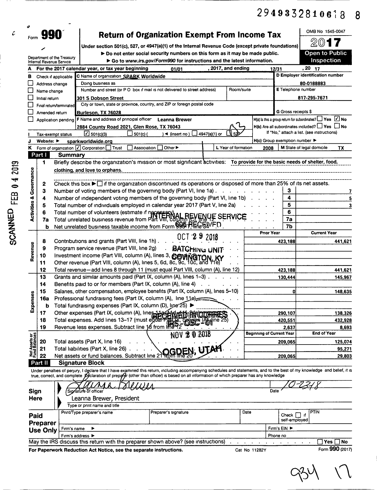 Image of first page of 2017 Form 990 for Spark Worldwide