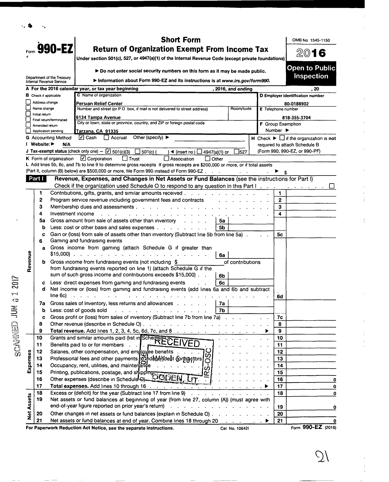 Image of first page of 2016 Form 990EZ for Persian Relief Center (PRC)