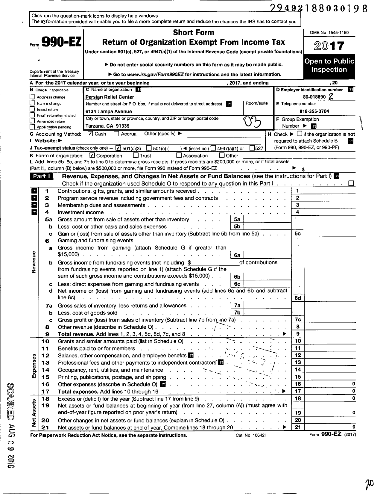 Image of first page of 2017 Form 990EZ for Persian Relief Center (PRC)