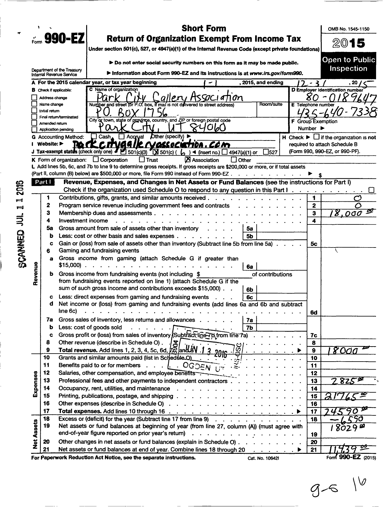 Image of first page of 2015 Form 990EO for Park City Gallery Association