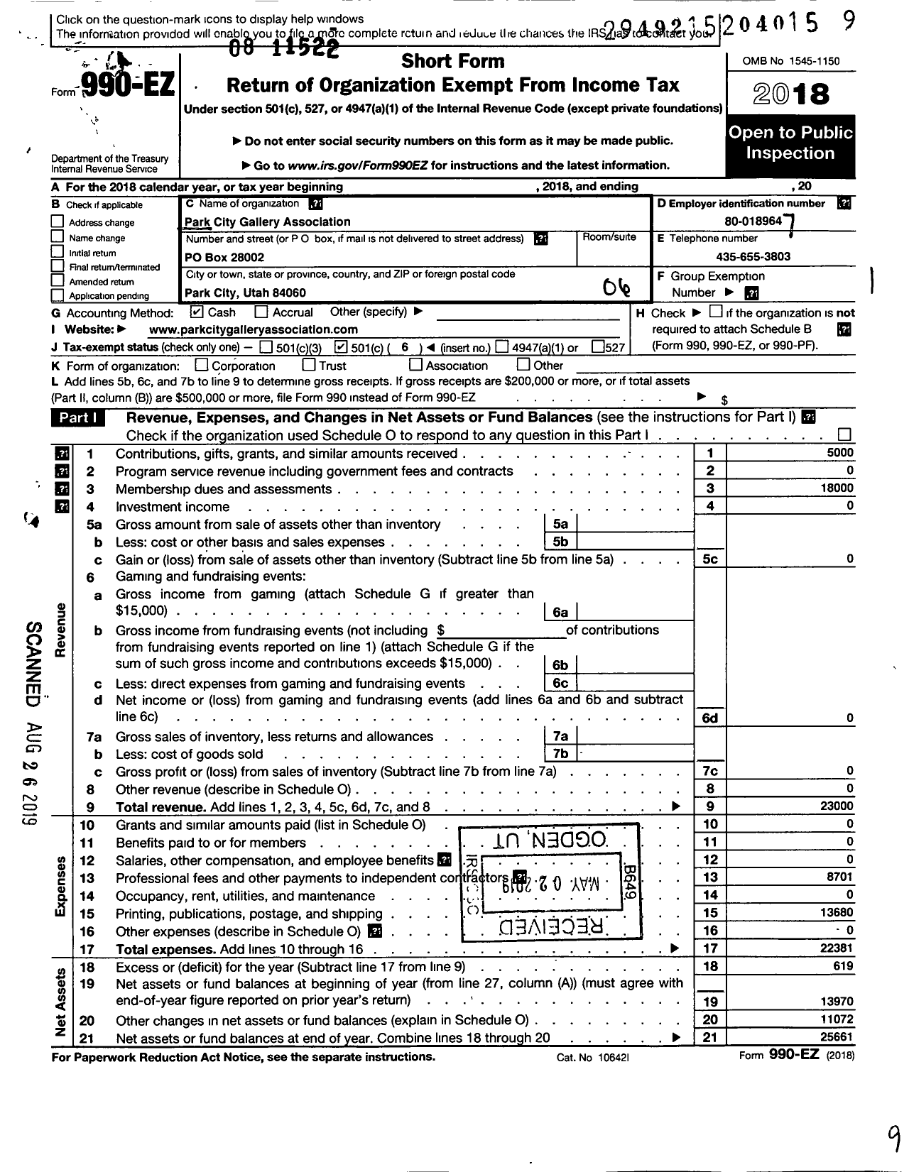 Image of first page of 2018 Form 990EO for Park City Gallery Association