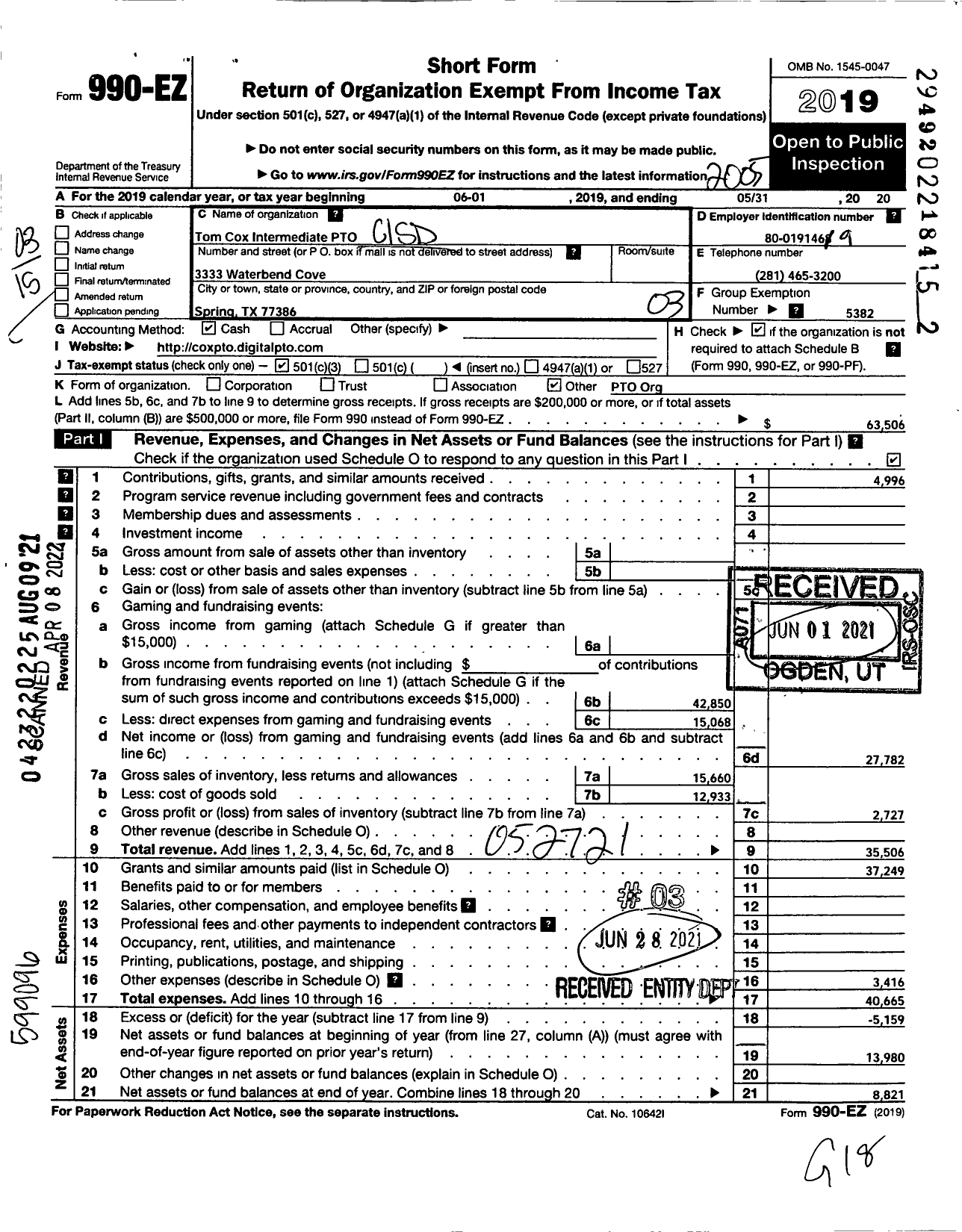 Image of first page of 2019 Form 990EZ for Tom Cox Intermediate PTO