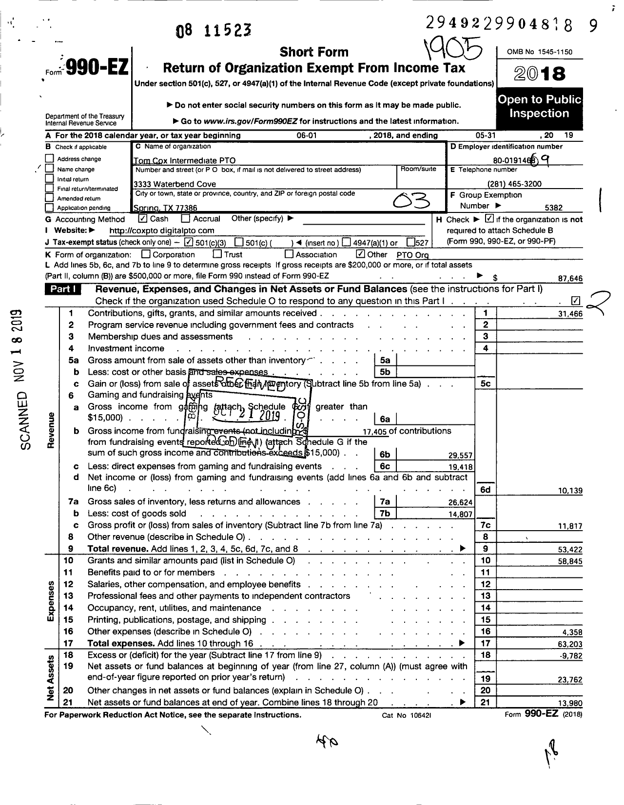 Image of first page of 2018 Form 990EZ for Tom Cox Intermediate PTO