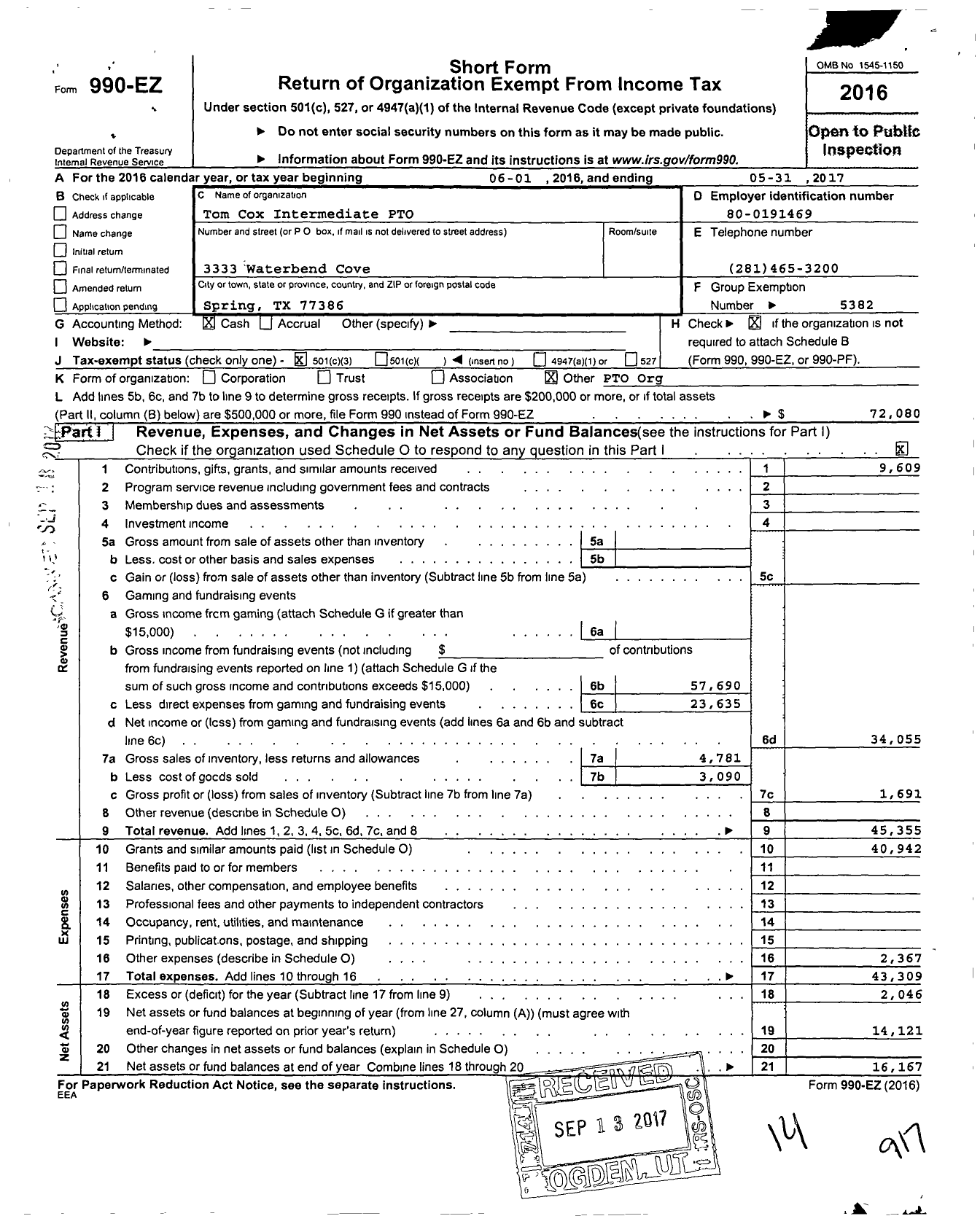 Image of first page of 2016 Form 990EZ for Tom Cox Intermediate PTO