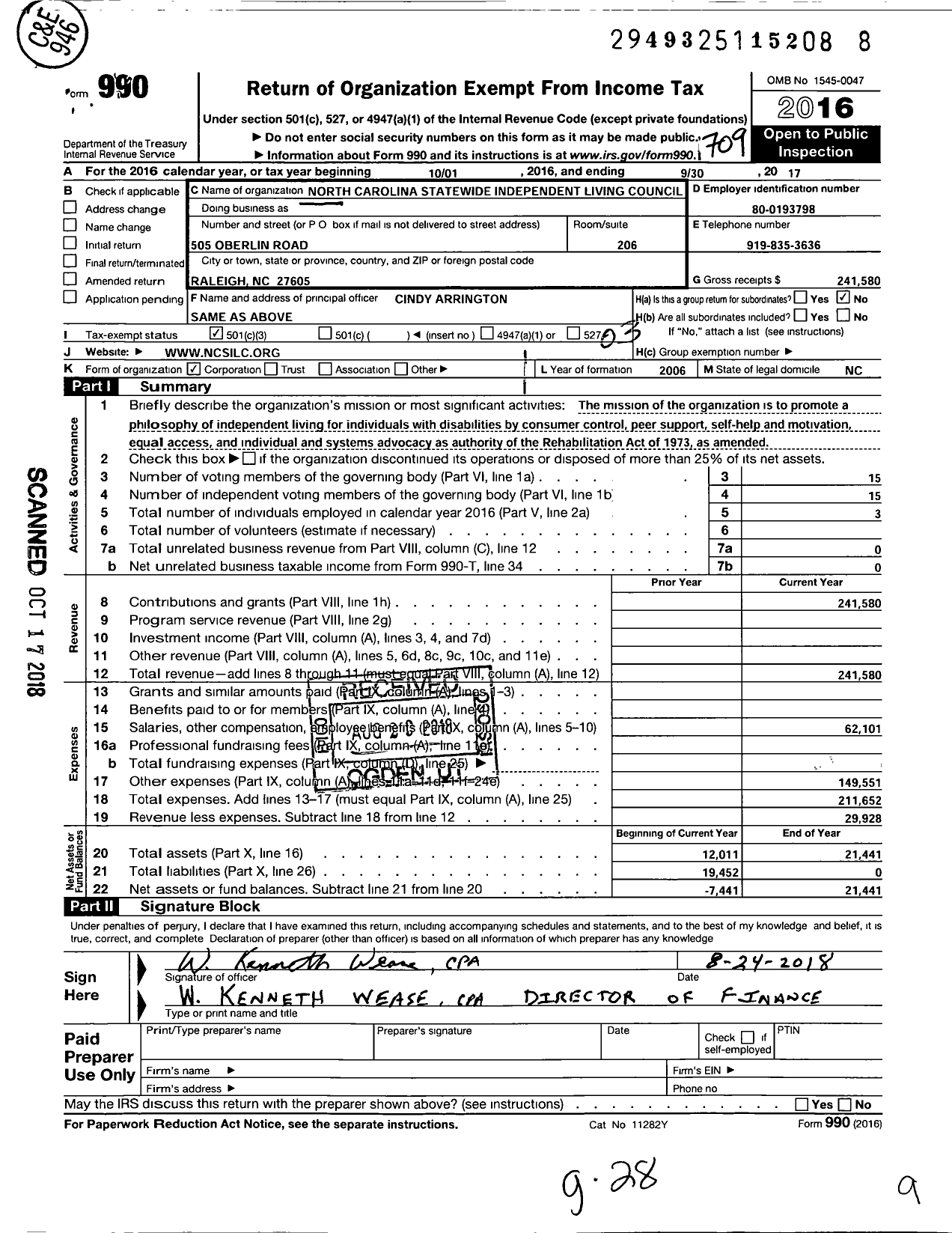 Image of first page of 2016 Form 990 for North Carolina Statewide Independent Living Council (NCSILC)
