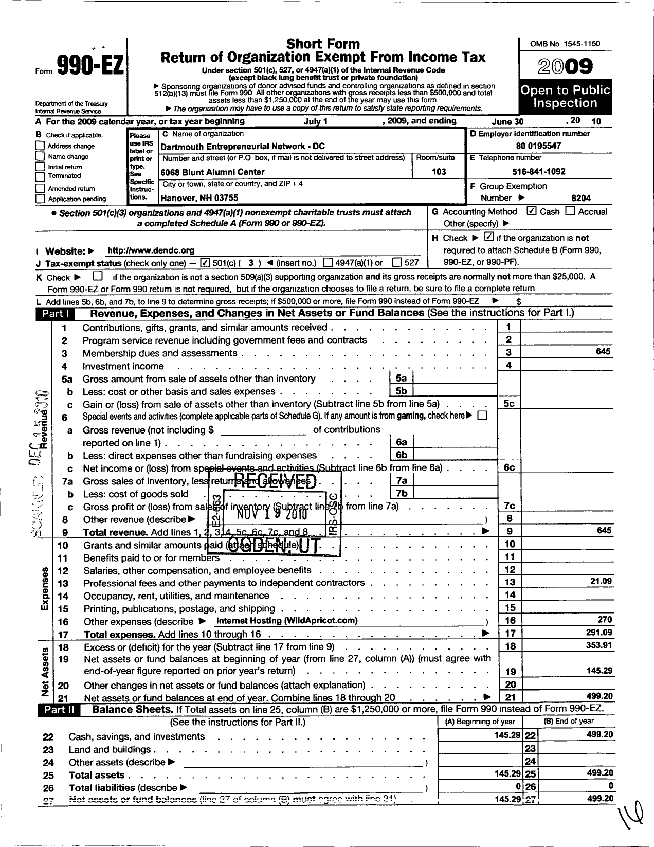 Image of first page of 2009 Form 990EZ for Dartmouth Entrepreneurial Network DC