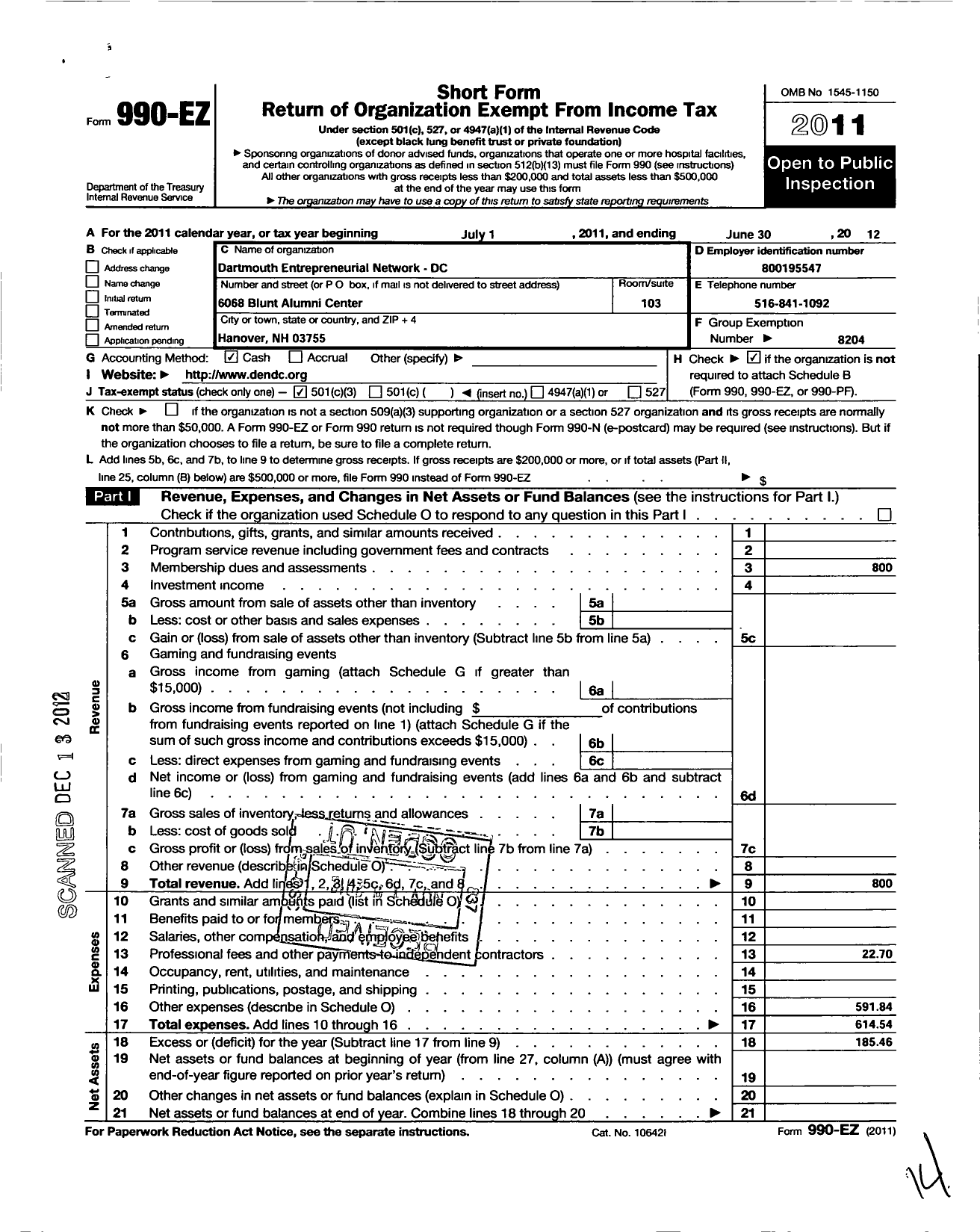 Image of first page of 2011 Form 990EZ for Dartmouth Entrepreneurial Network DC