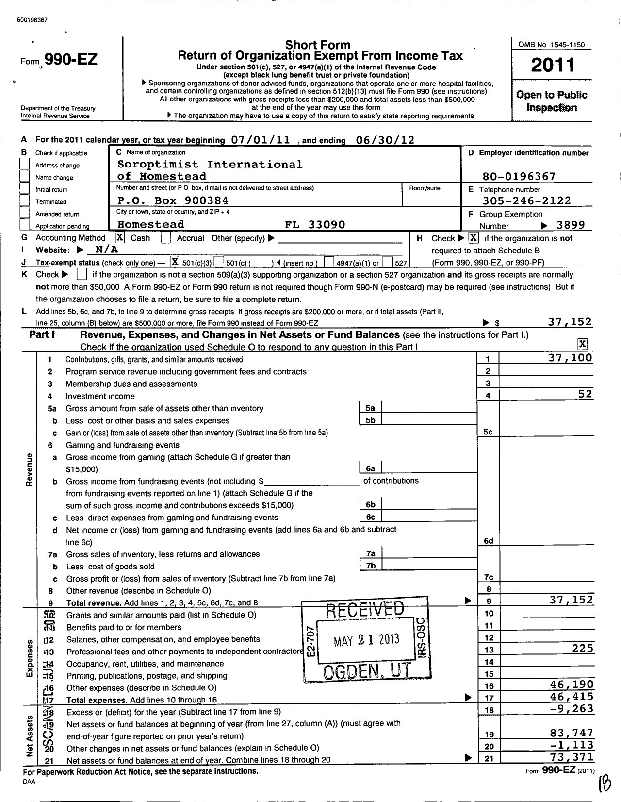 Image of first page of 2011 Form 990EZ for Soroptimist International of the Americas - 104402 Homestead FL