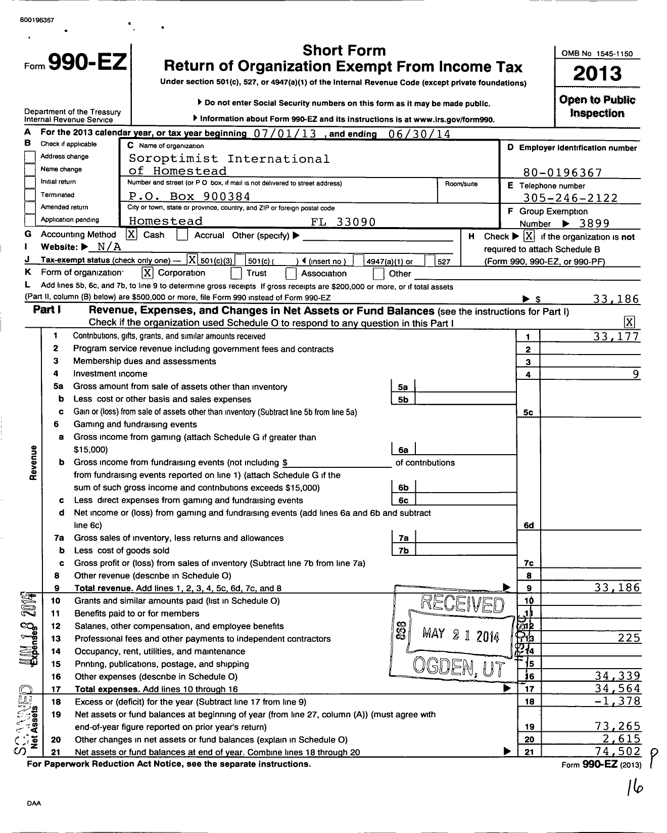 Image of first page of 2013 Form 990EZ for Soroptimist International of the Americas - 104402 Homestead FL