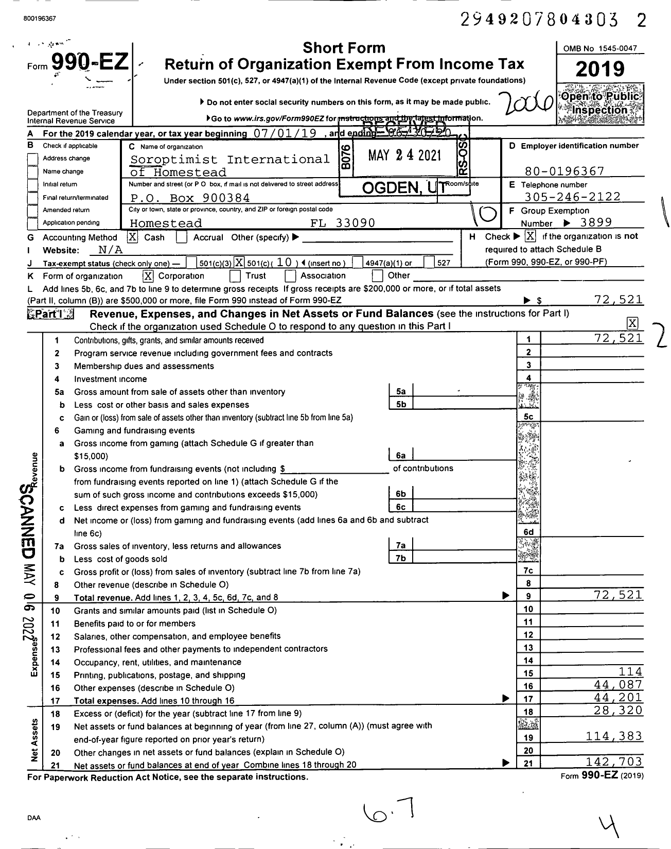 Image of first page of 2019 Form 990EO for Soroptimist International of the Americas - 104402 Homestead FL