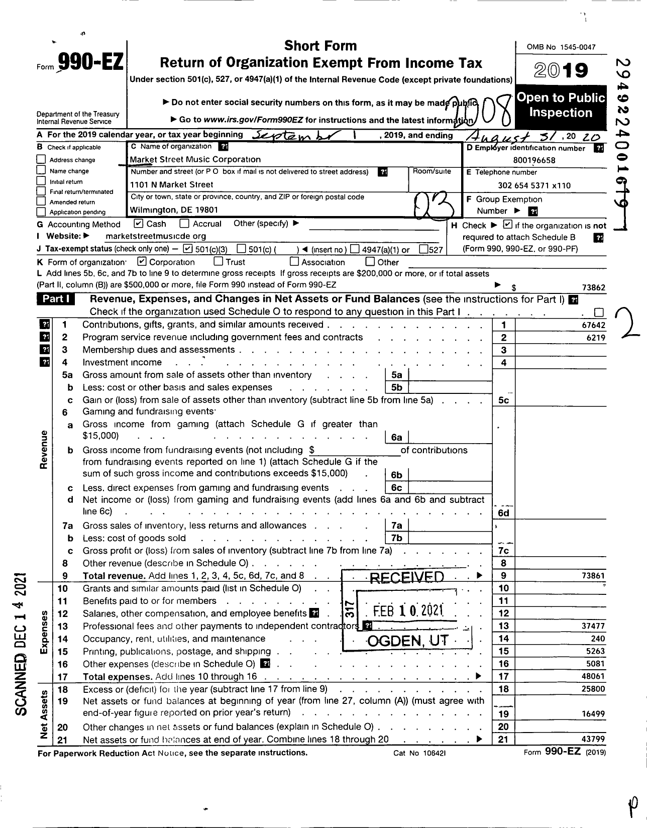 Image of first page of 2019 Form 990EZ for Market Street Music Corporation