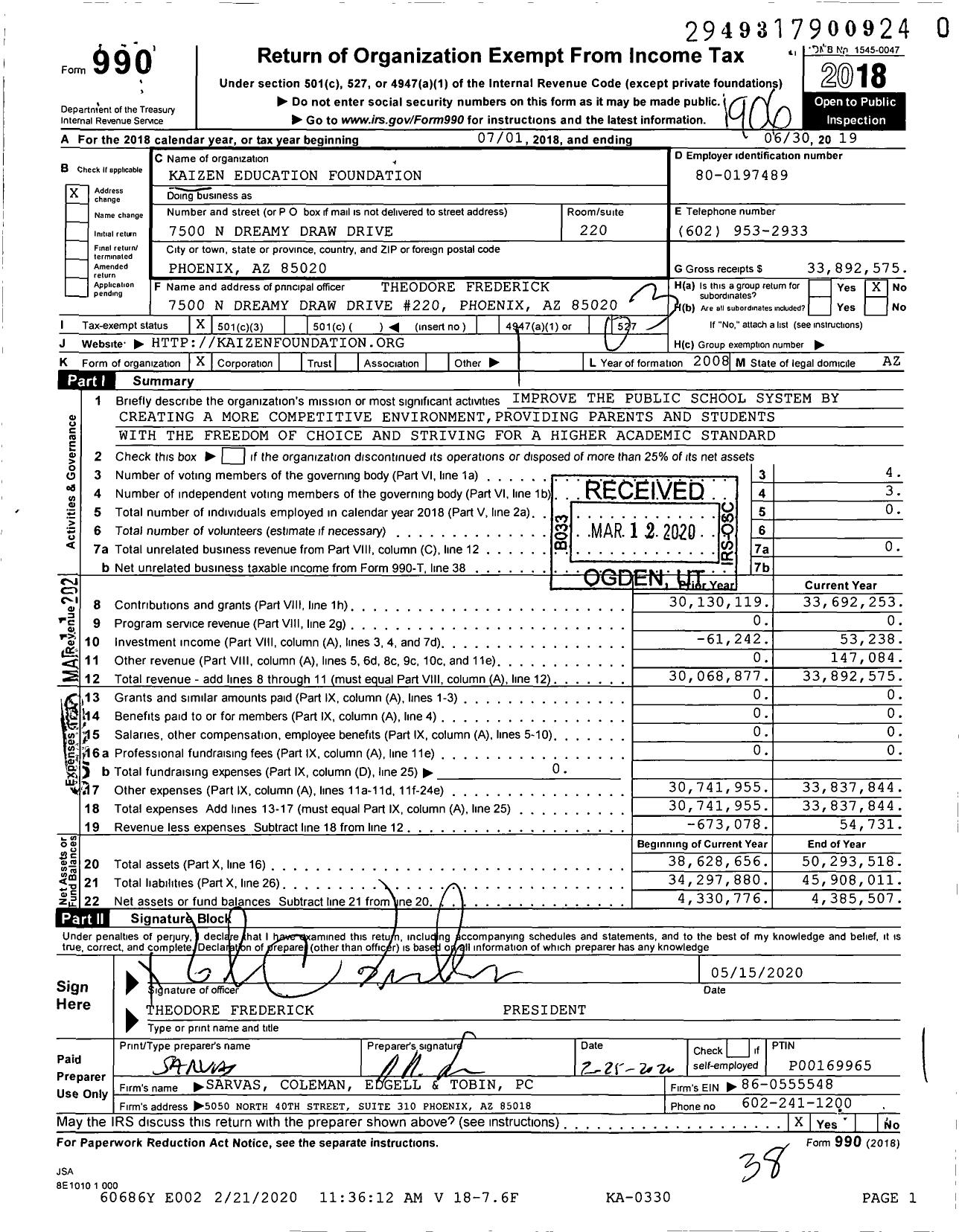 Image of first page of 2018 Form 990 for Kaizen Education Foundation