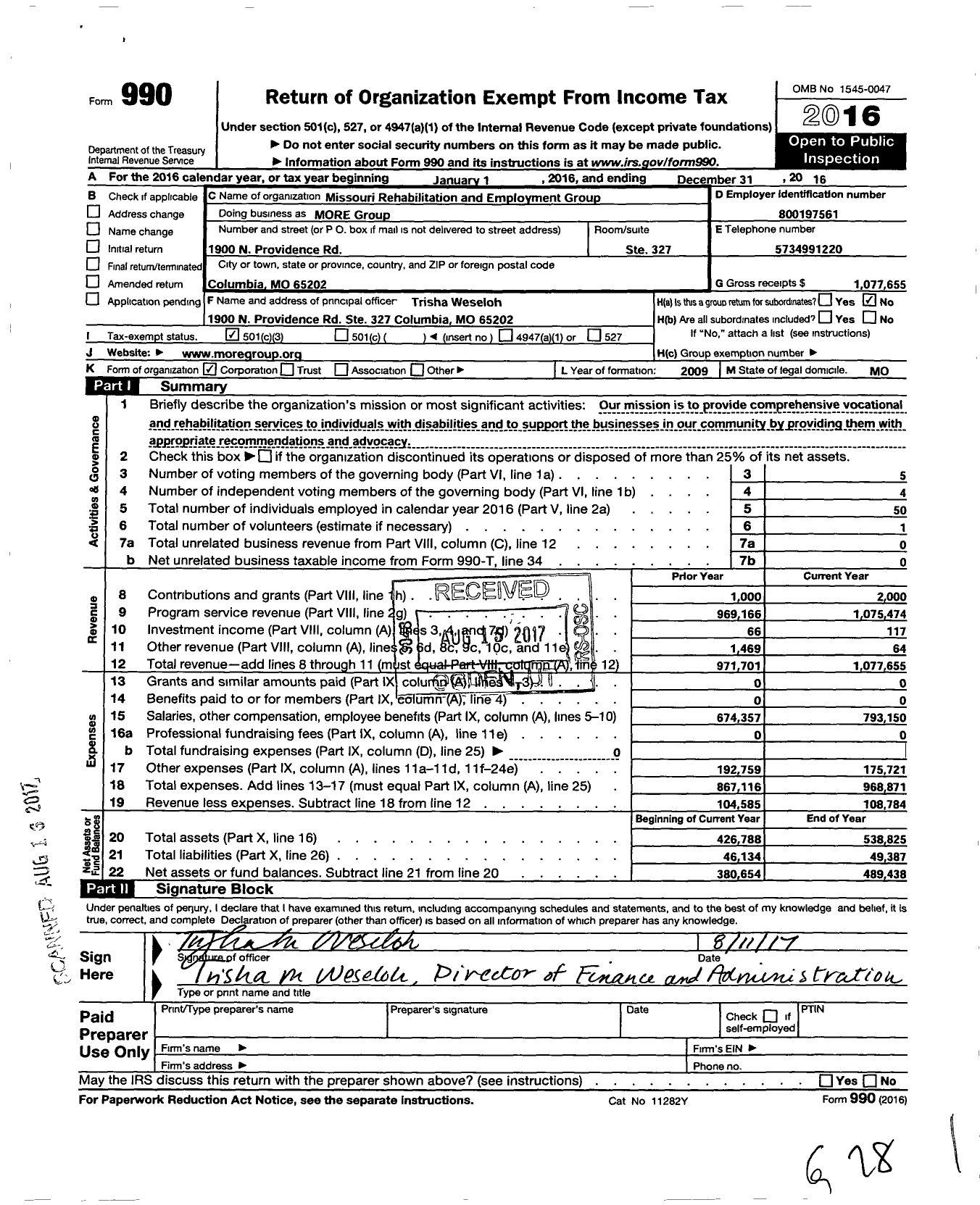 Image of first page of 2016 Form 990 for Missouri Rehabilitation and Employment Group