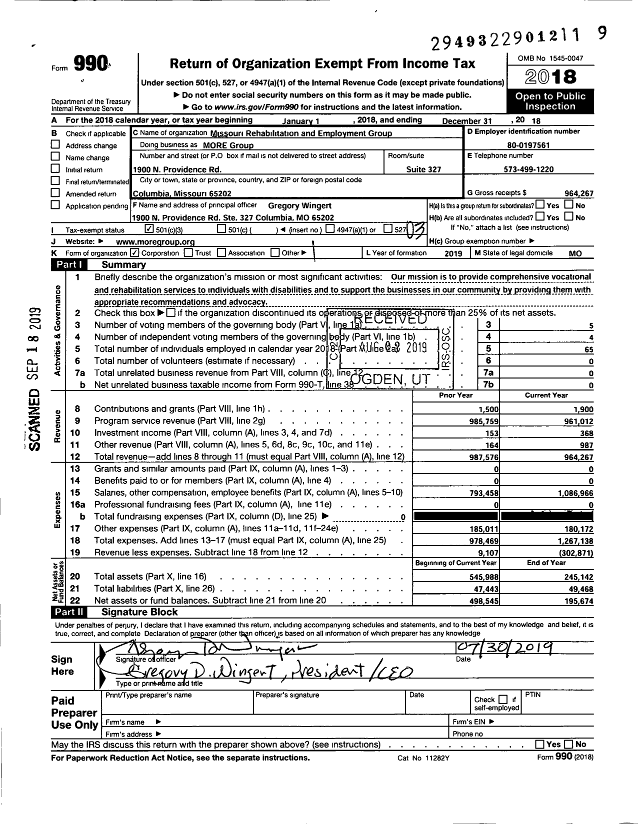 Image of first page of 2018 Form 990 for Missouri Rehabilitation and Employment Group