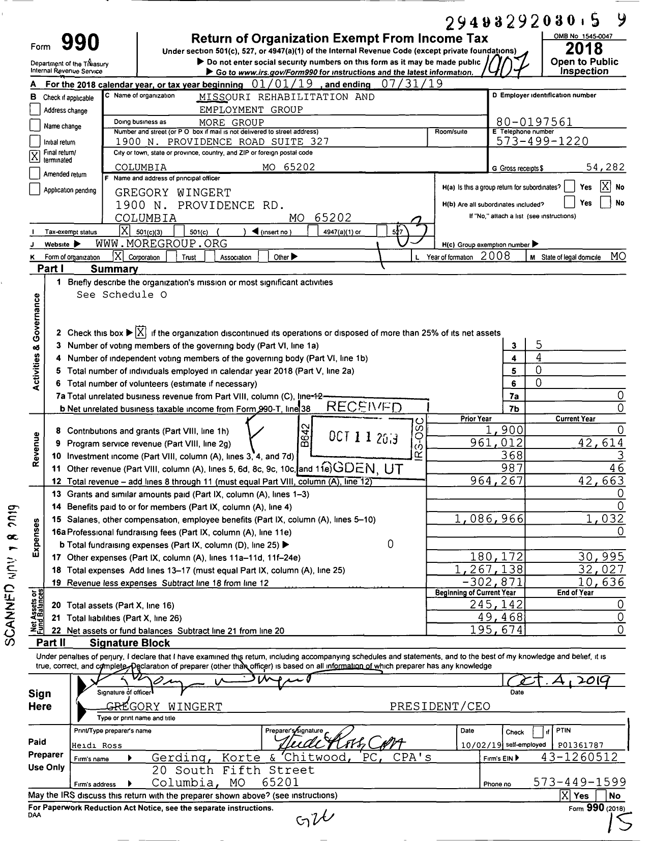 Image of first page of 2018 Form 990 for Missouri Rehabilitation and Employment Group