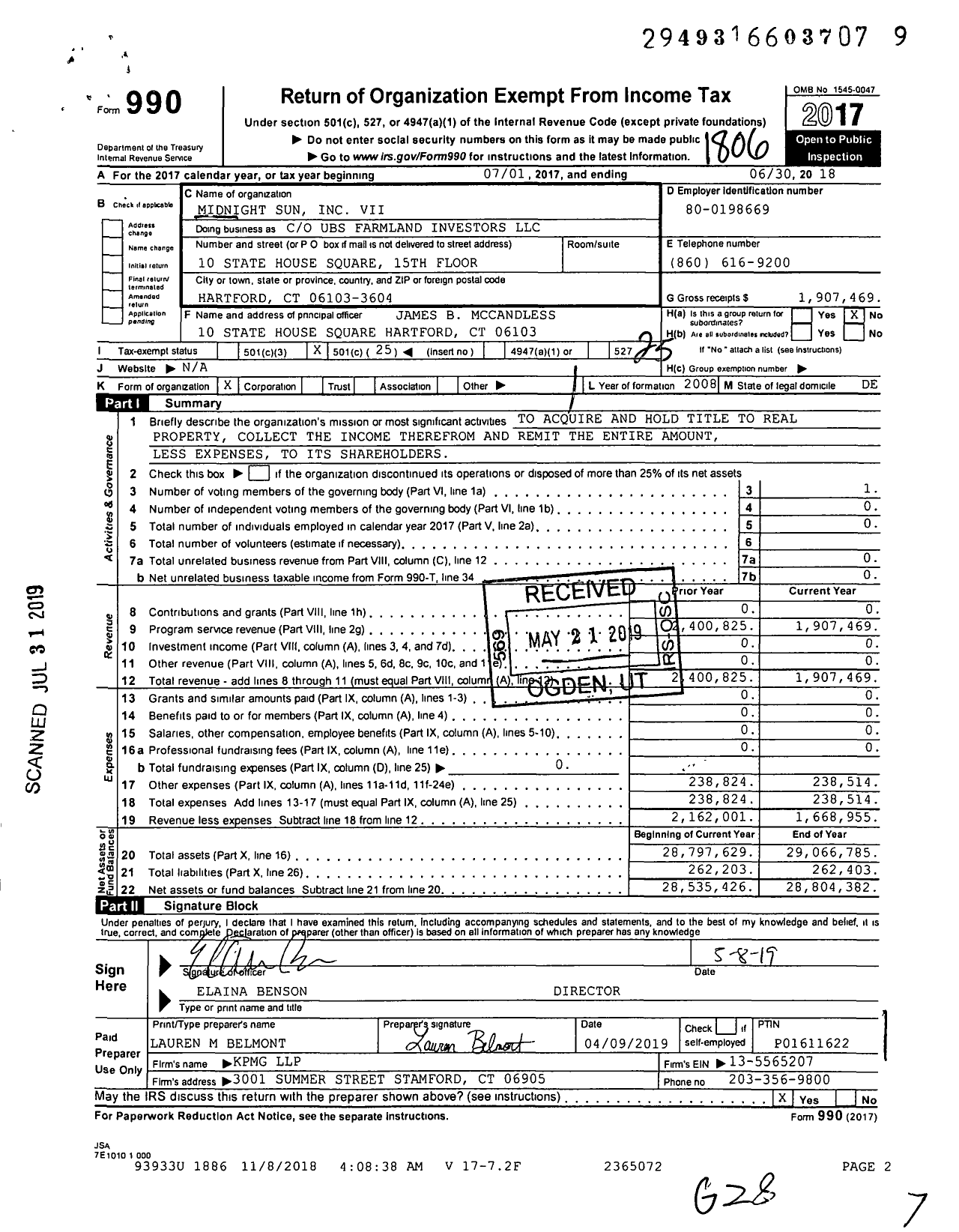 Image of first page of 2017 Form 990O for Midnight Sun Inc VII