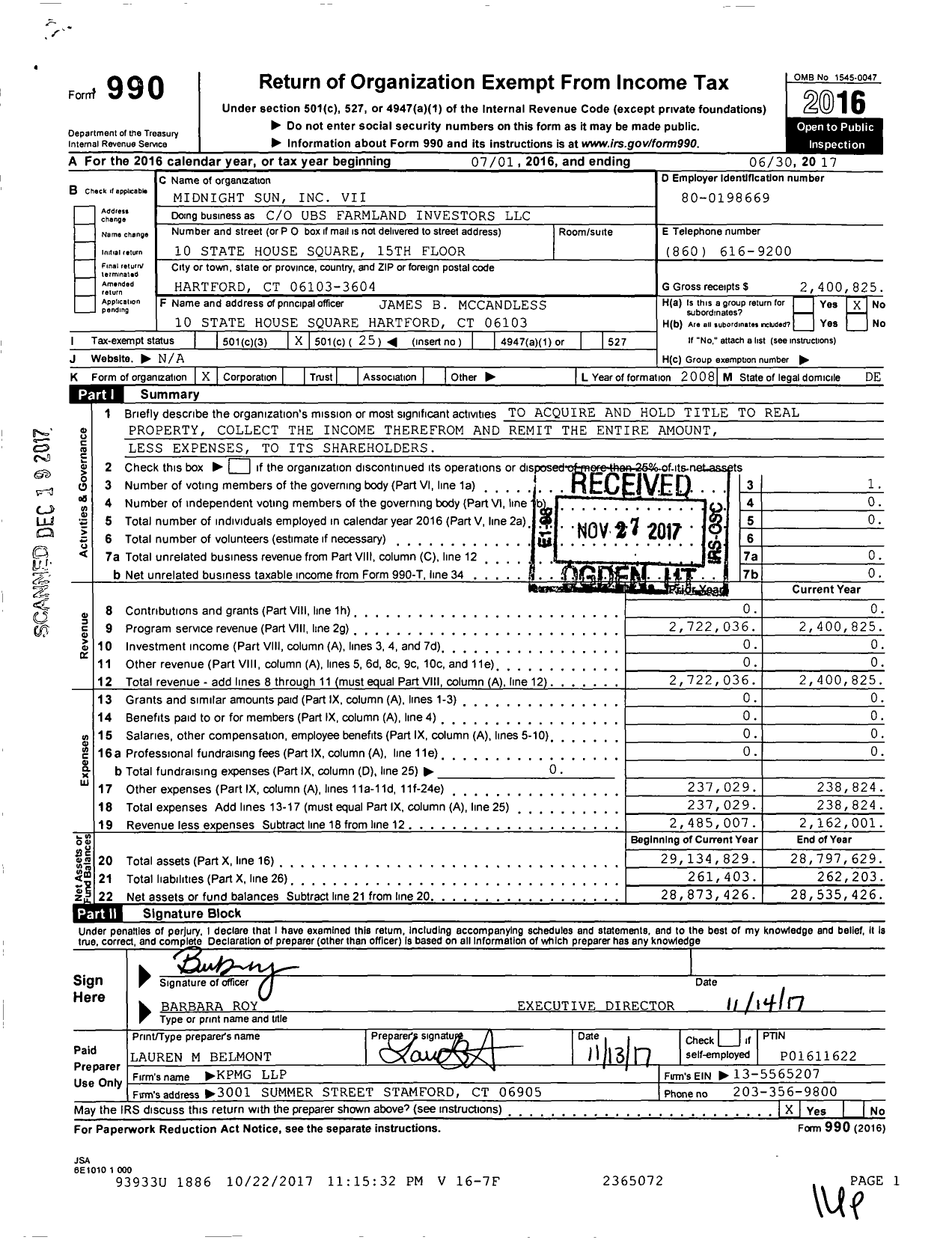 Image of first page of 2016 Form 990O for Midnight Sun Inc VII