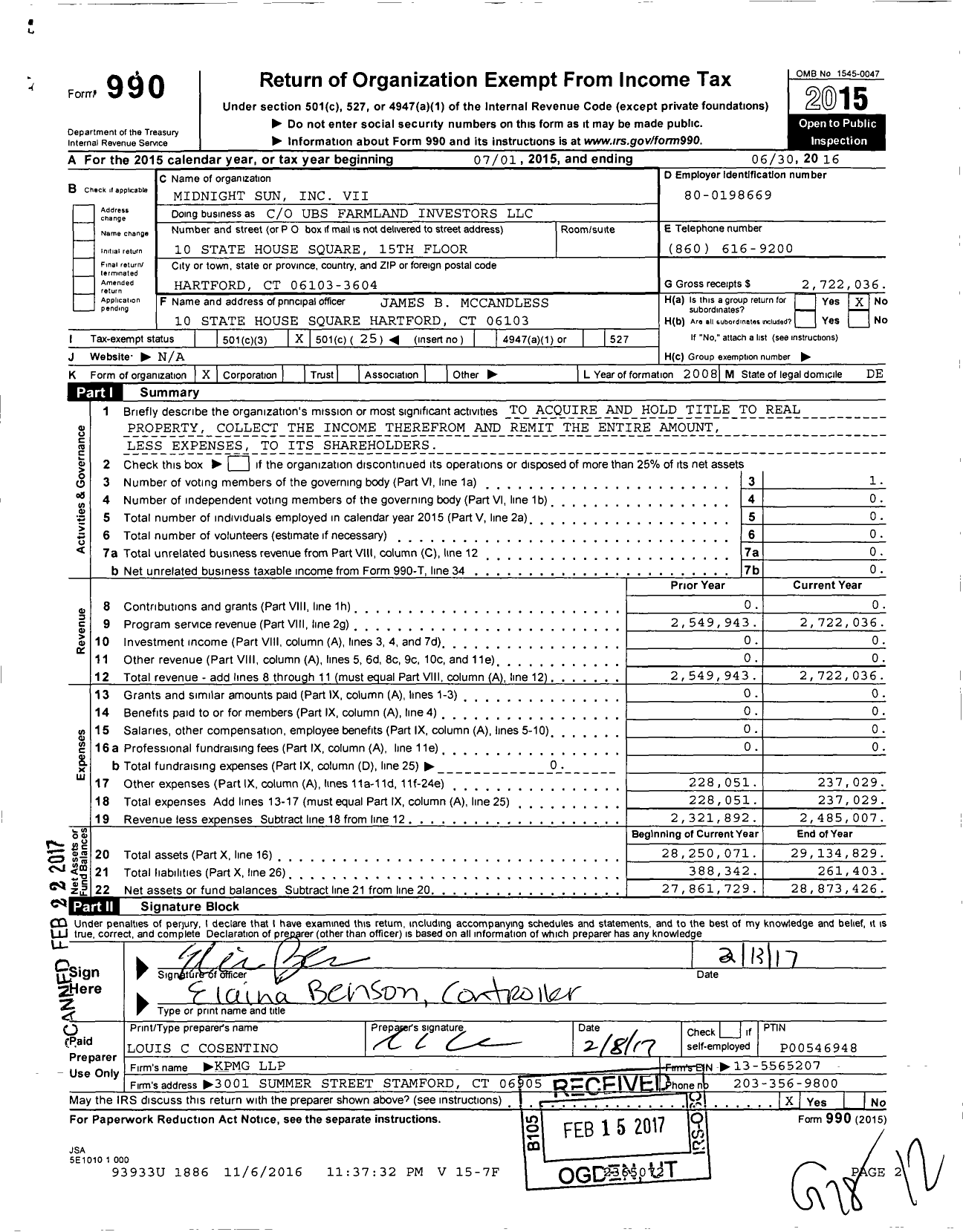 Image of first page of 2015 Form 990O for Midnight Sun Inc VII