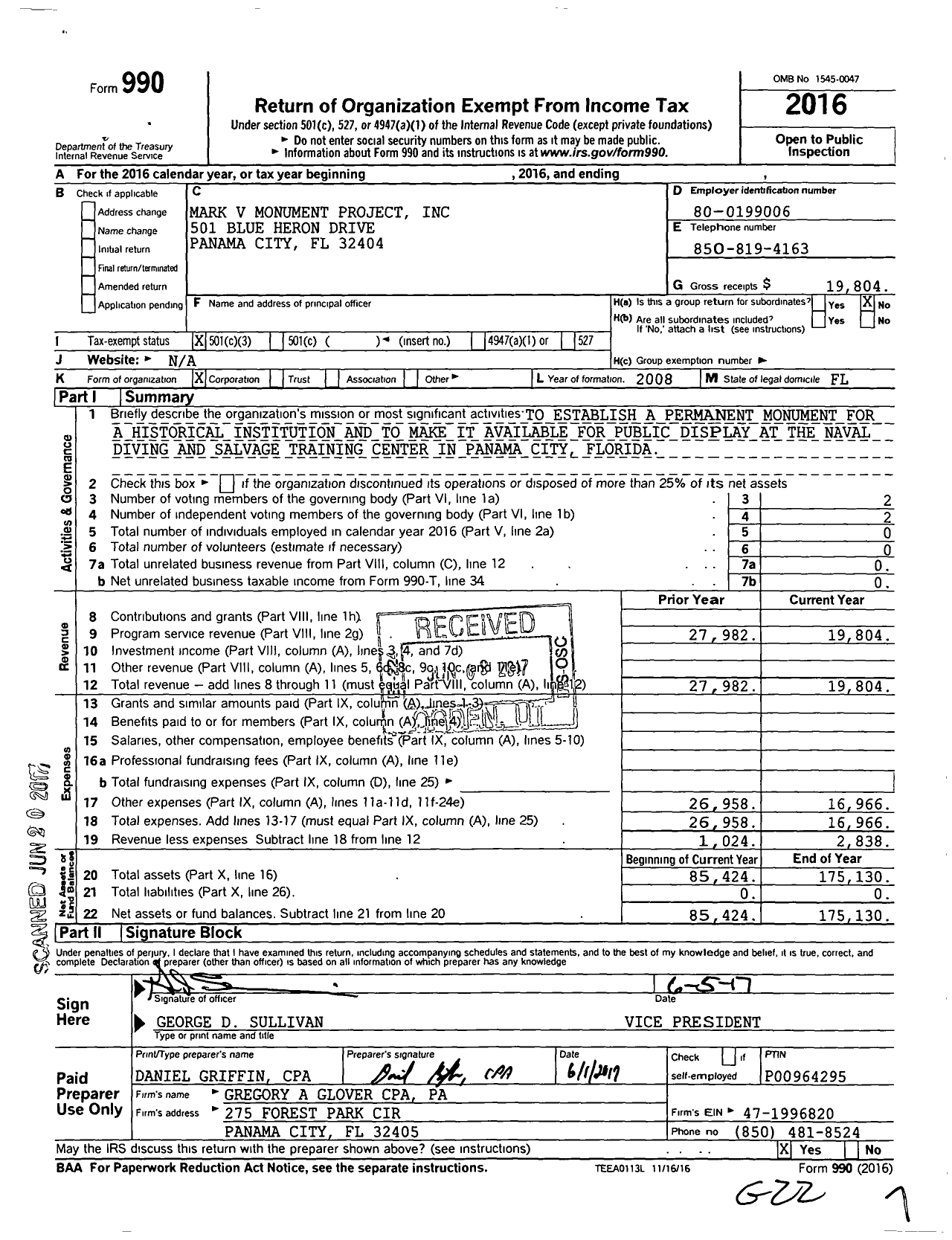 Image of first page of 2016 Form 990 for Mark V Monument Project