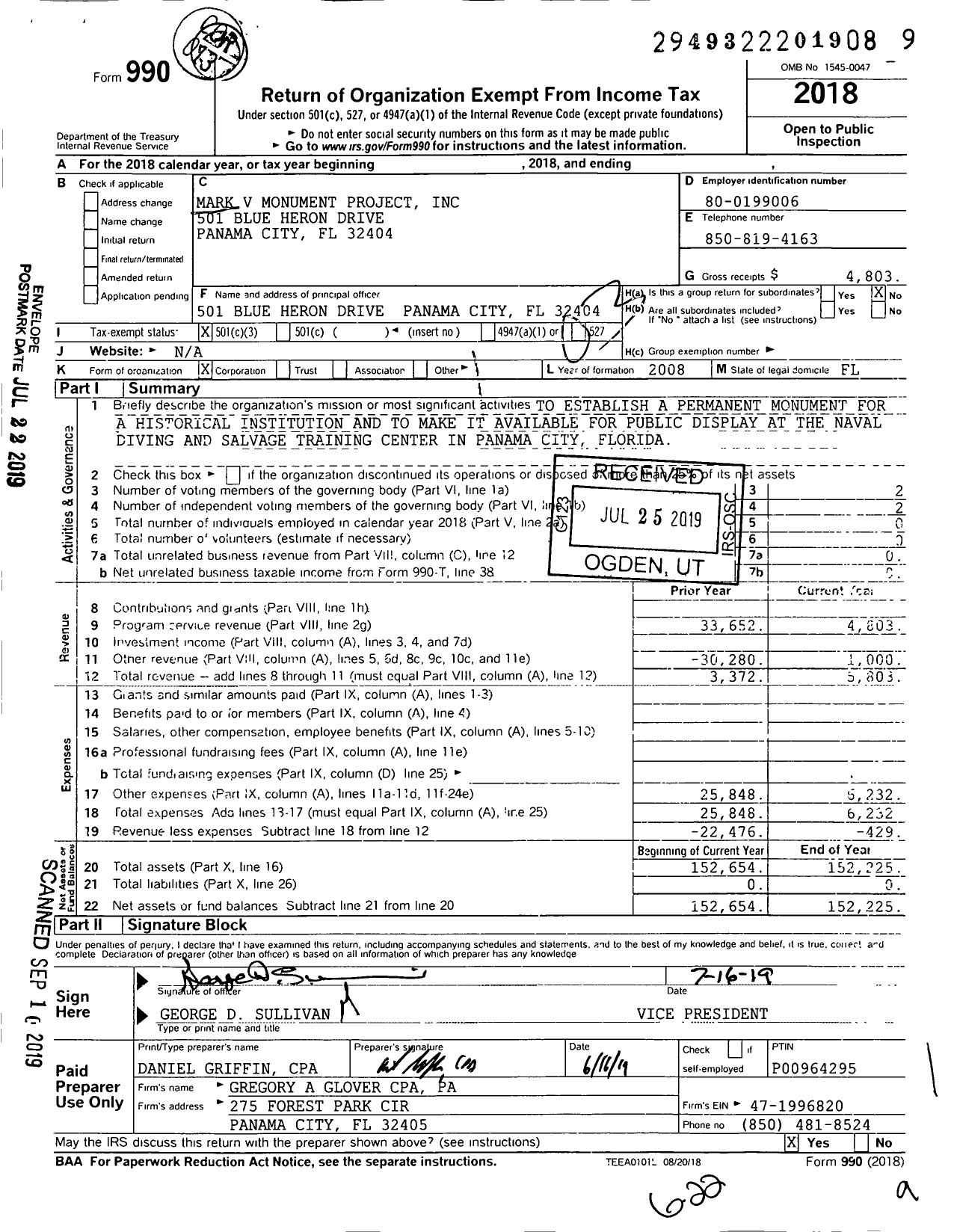 Image of first page of 2018 Form 990 for Mark V Monument Project