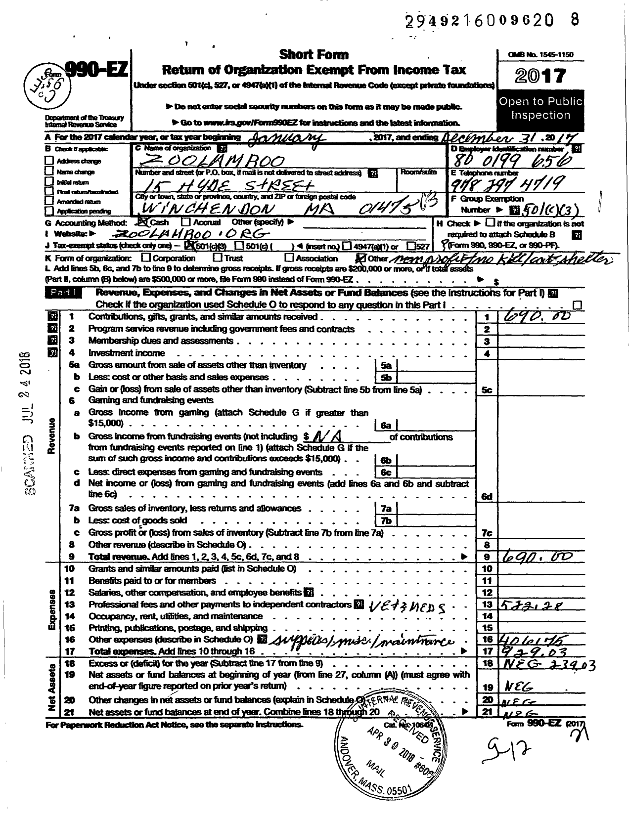 Image of first page of 2017 Form 990EZ for Zoolamboo Lam Boo