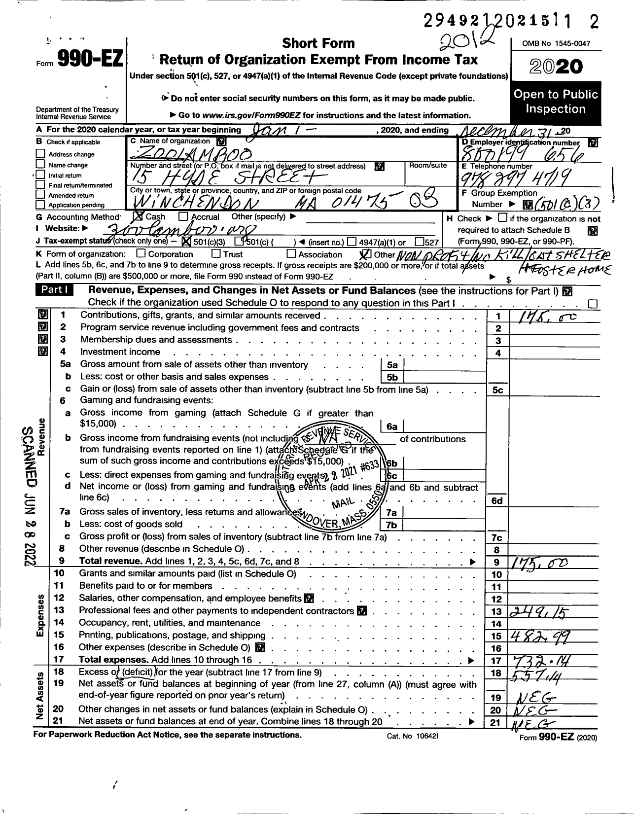 Image of first page of 2020 Form 990EZ for Zoolamboo Lam Boo