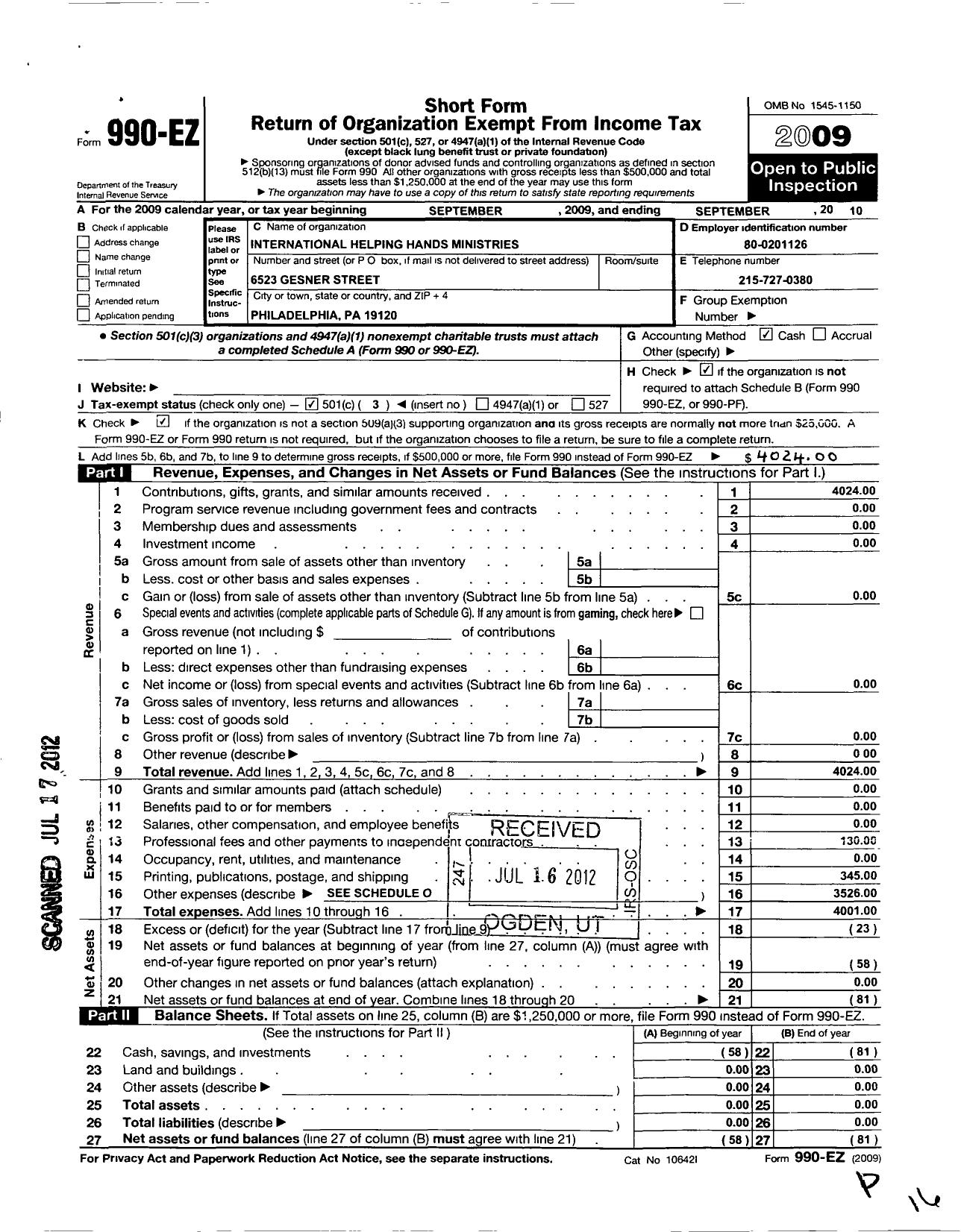 Image of first page of 2009 Form 990EZ for International Helping Hands Ministries