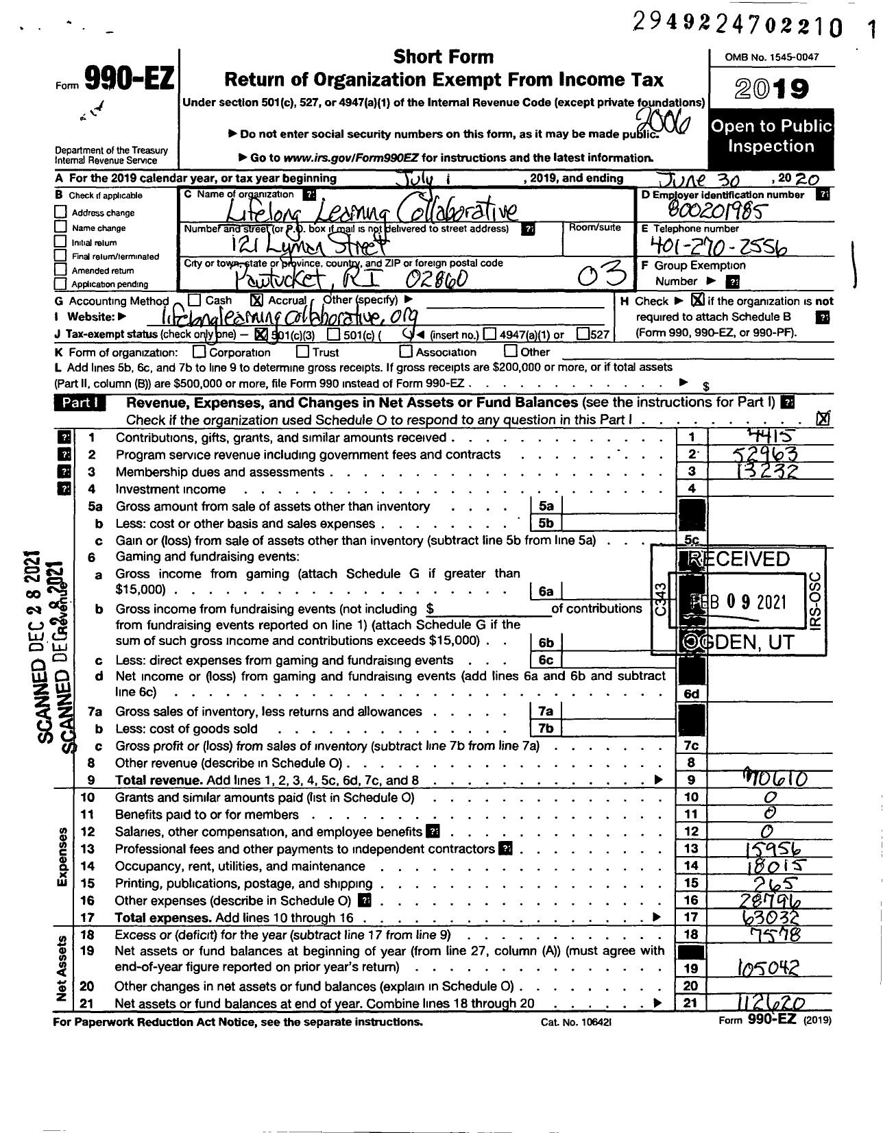 Image of first page of 2019 Form 990EZ for LIFELONG LEARNING Collaborative