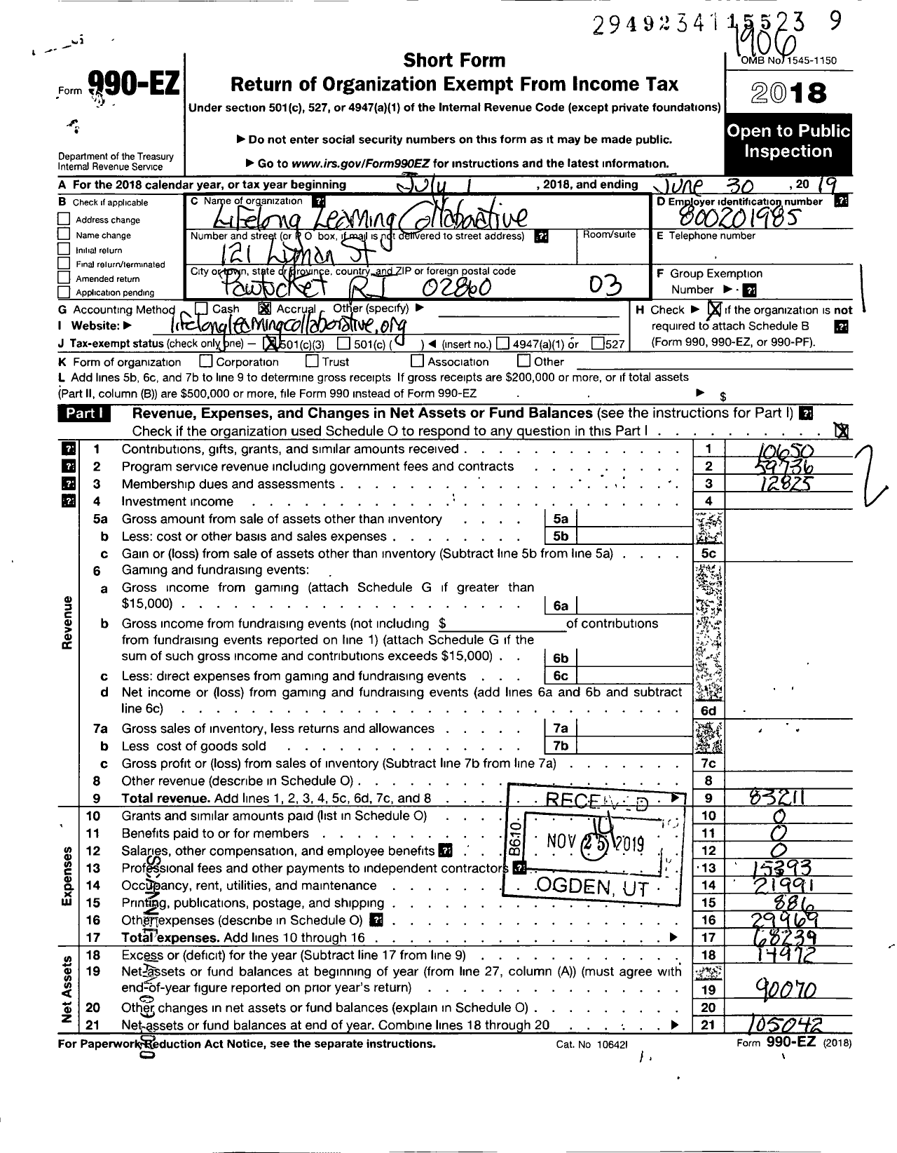 Image of first page of 2018 Form 990EZ for LIFELONG LEARNING Collaborative