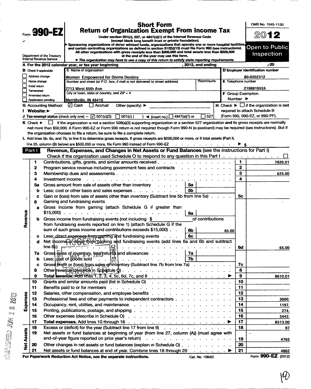 Image of first page of 2012 Form 990EZ for Women Empowered for Divine Desinty