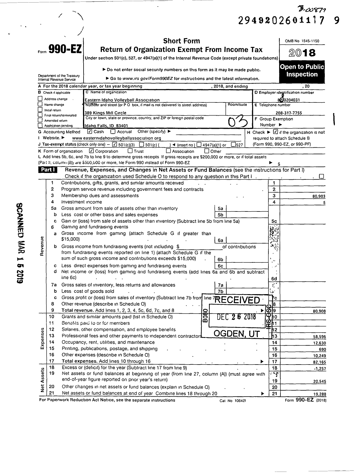 Image of first page of 2018 Form 990EZ for Eastern Idaho Volleyball Association