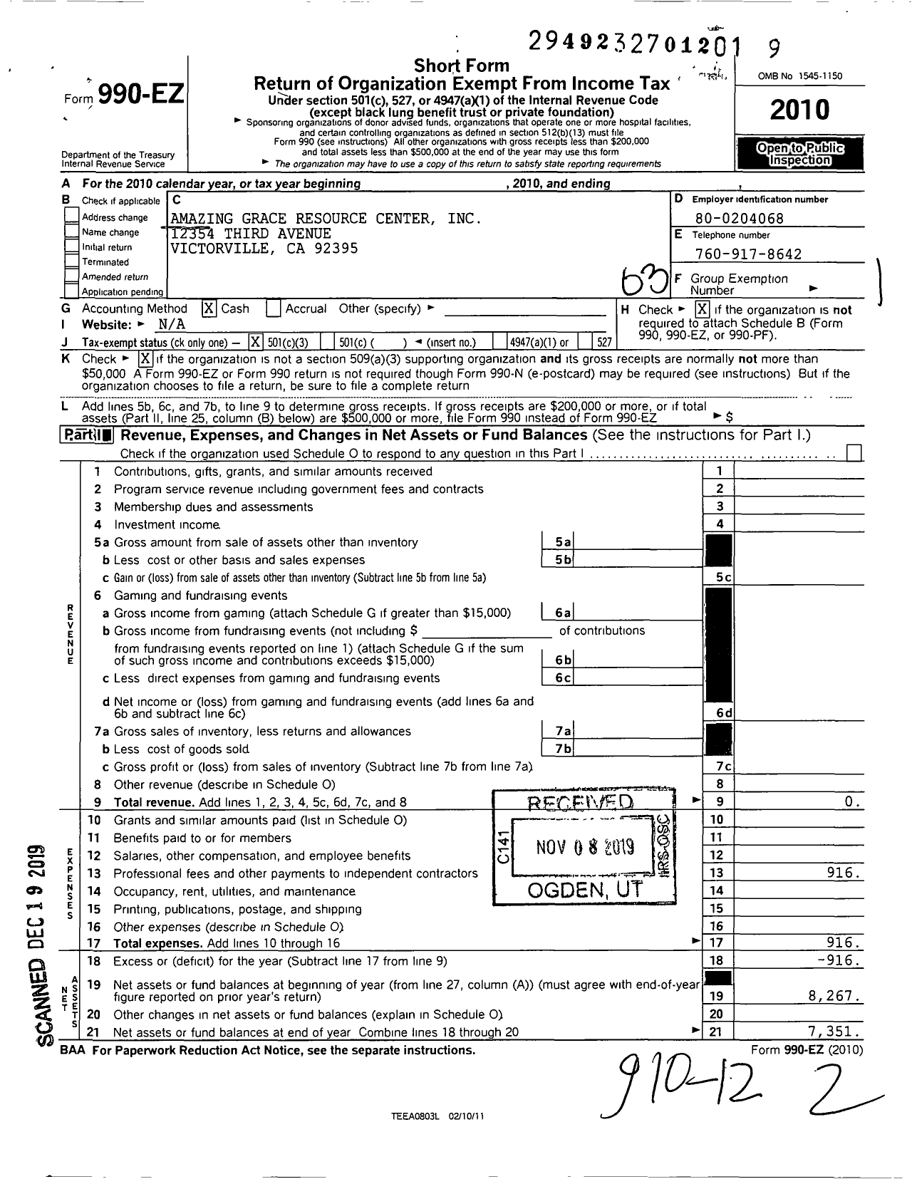 Image of first page of 2010 Form 990EZ for Amazing Grace Resource Center