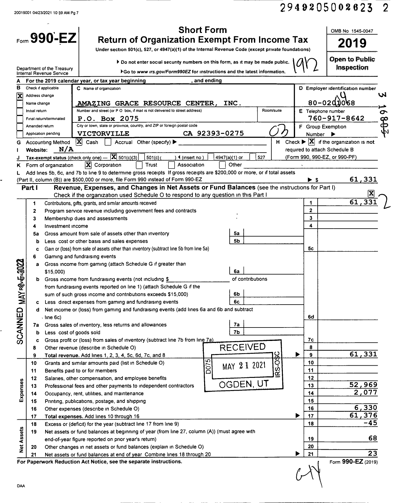 Image of first page of 2019 Form 990EZ for Amazing Grace Resource Center