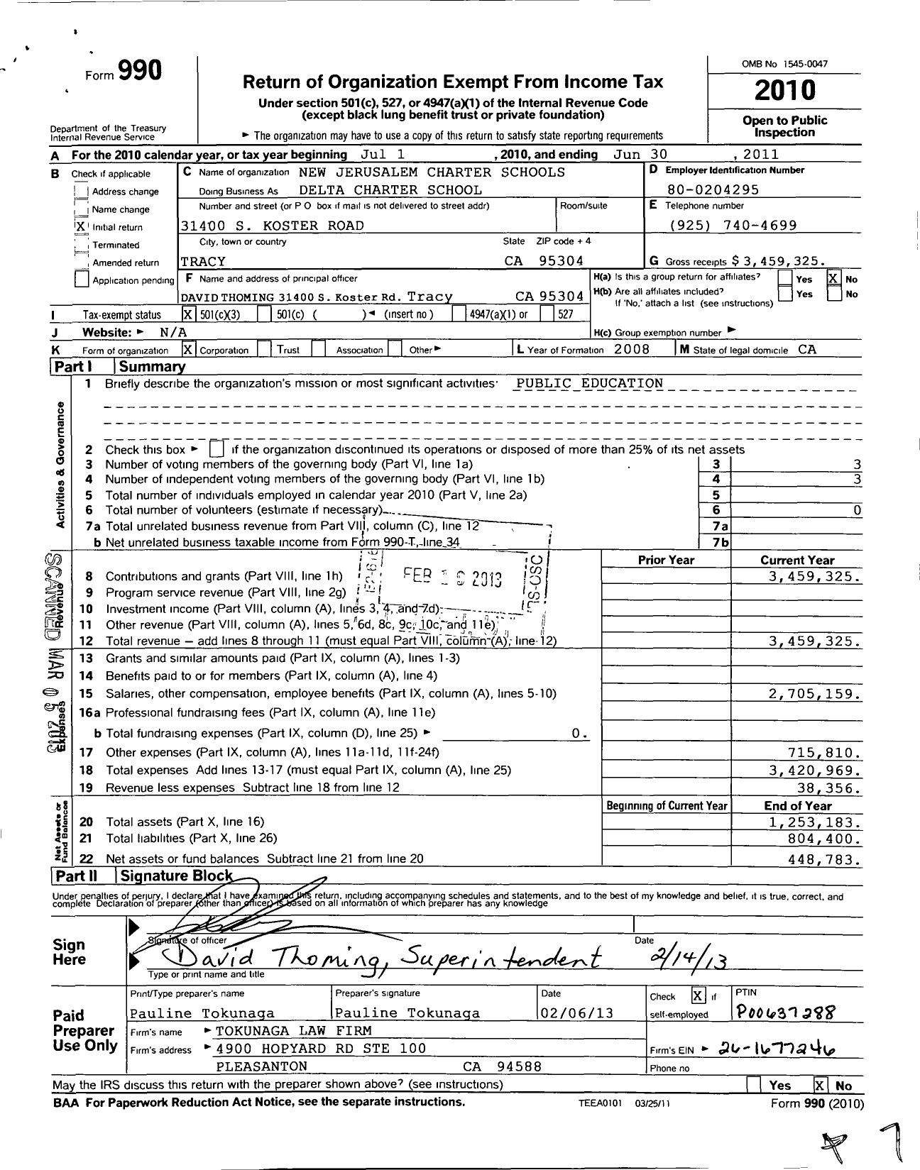 Image of first page of 2010 Form 990 for Delta Charter Schools