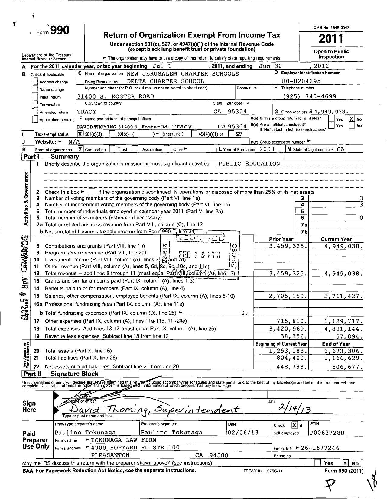 Image of first page of 2011 Form 990 for Delta Charter Schools