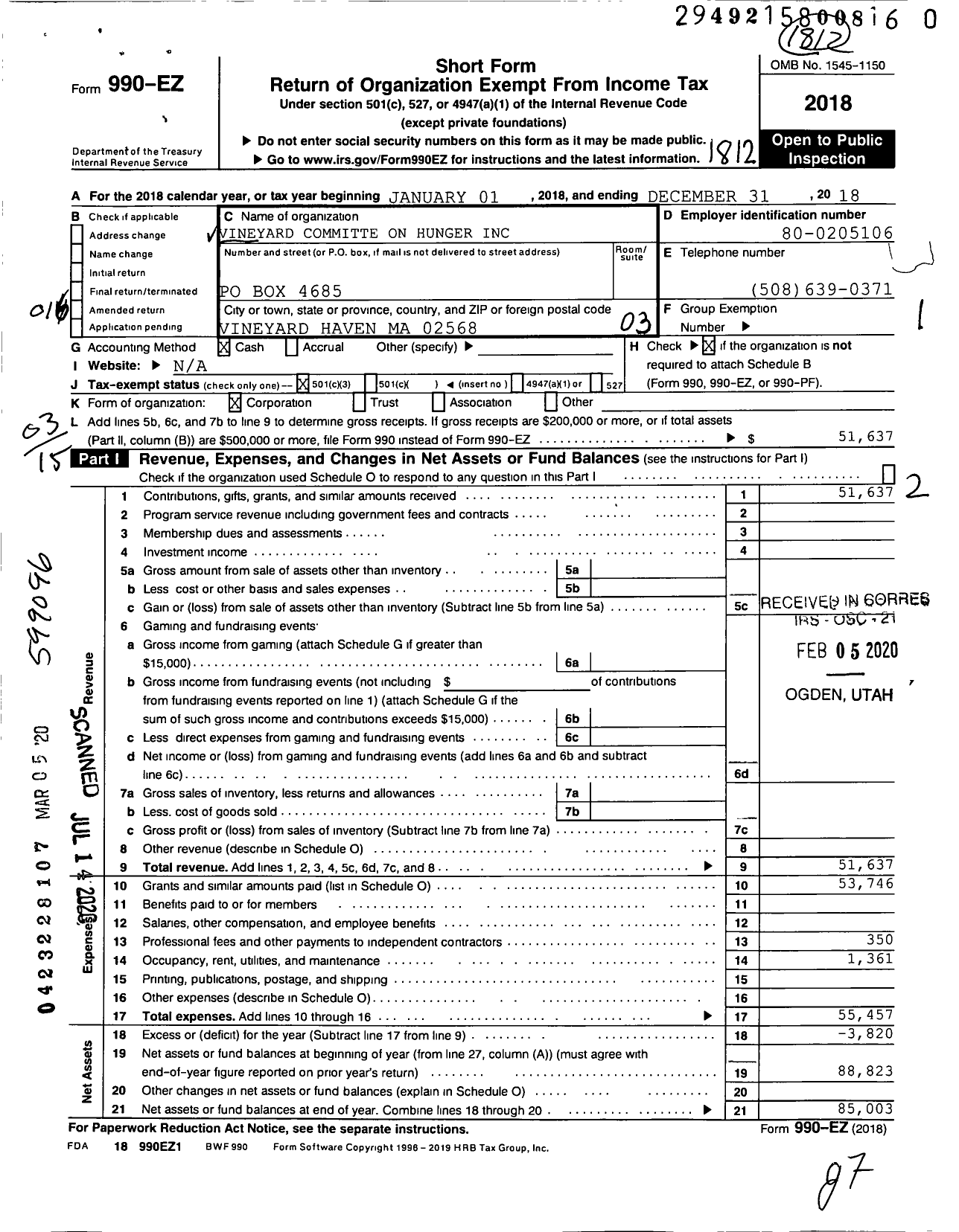 Image of first page of 2018 Form 990EZ for Vineyard Committee on Hunger