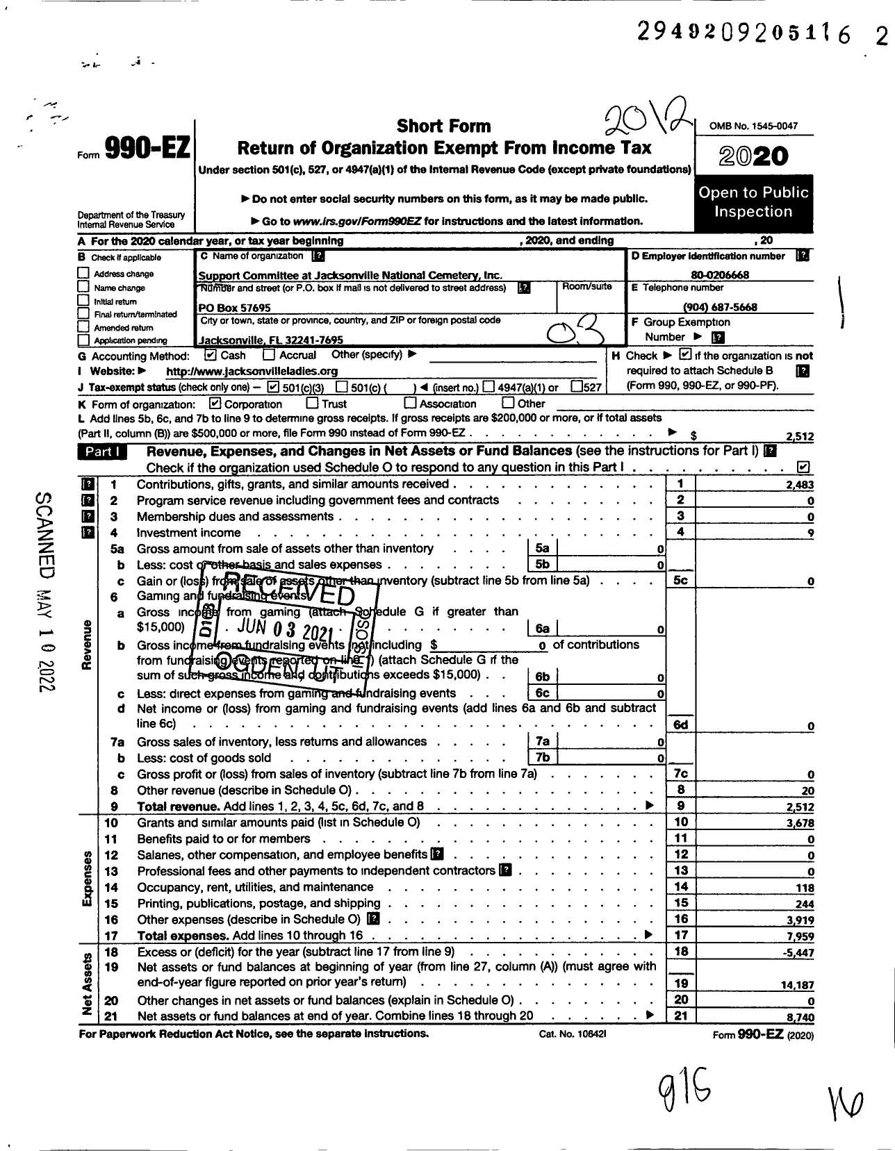 Image of first page of 2020 Form 990EZ for Support Committee at Jacksonville National Cemetery